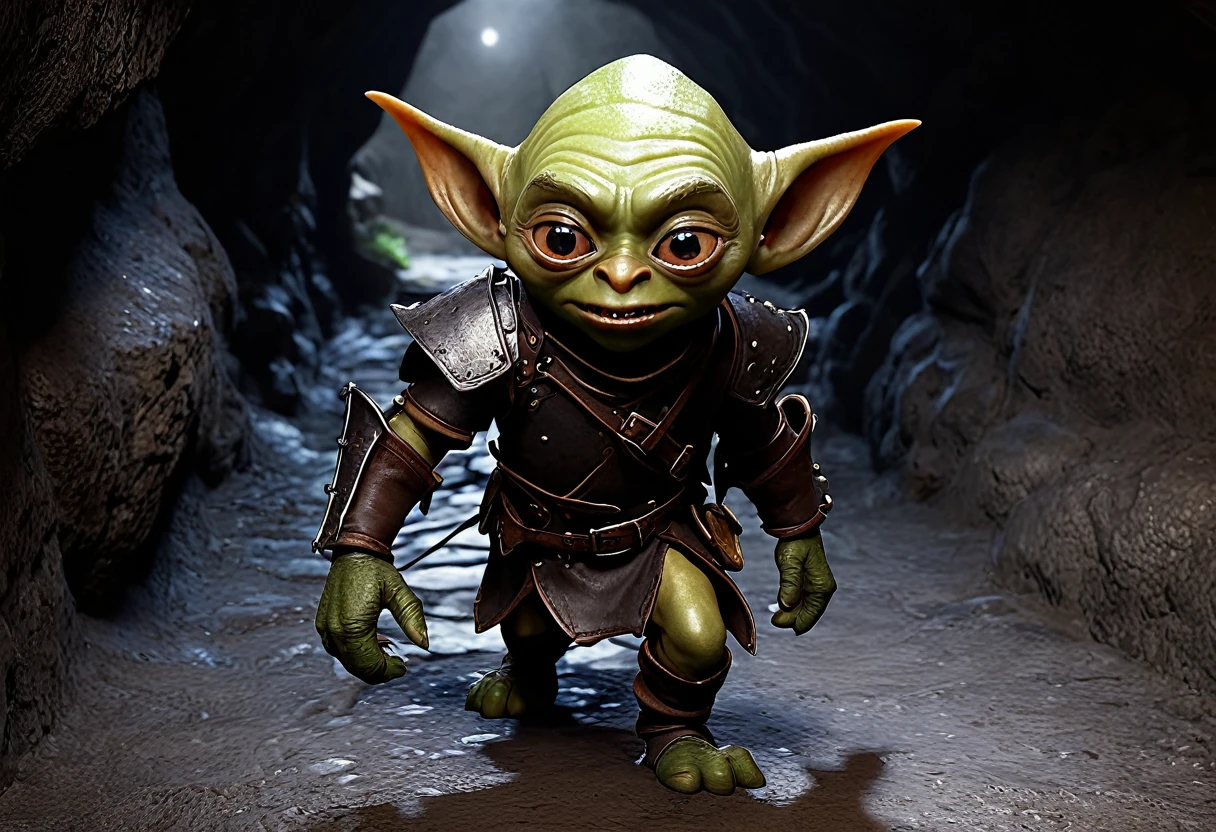 (A shifty little goblin, male, big eyes, a few missing teeth, dressed in piecemeal leather armor thief), is sneaking around ahead of his warband seeking things to steal, deep dark cavern