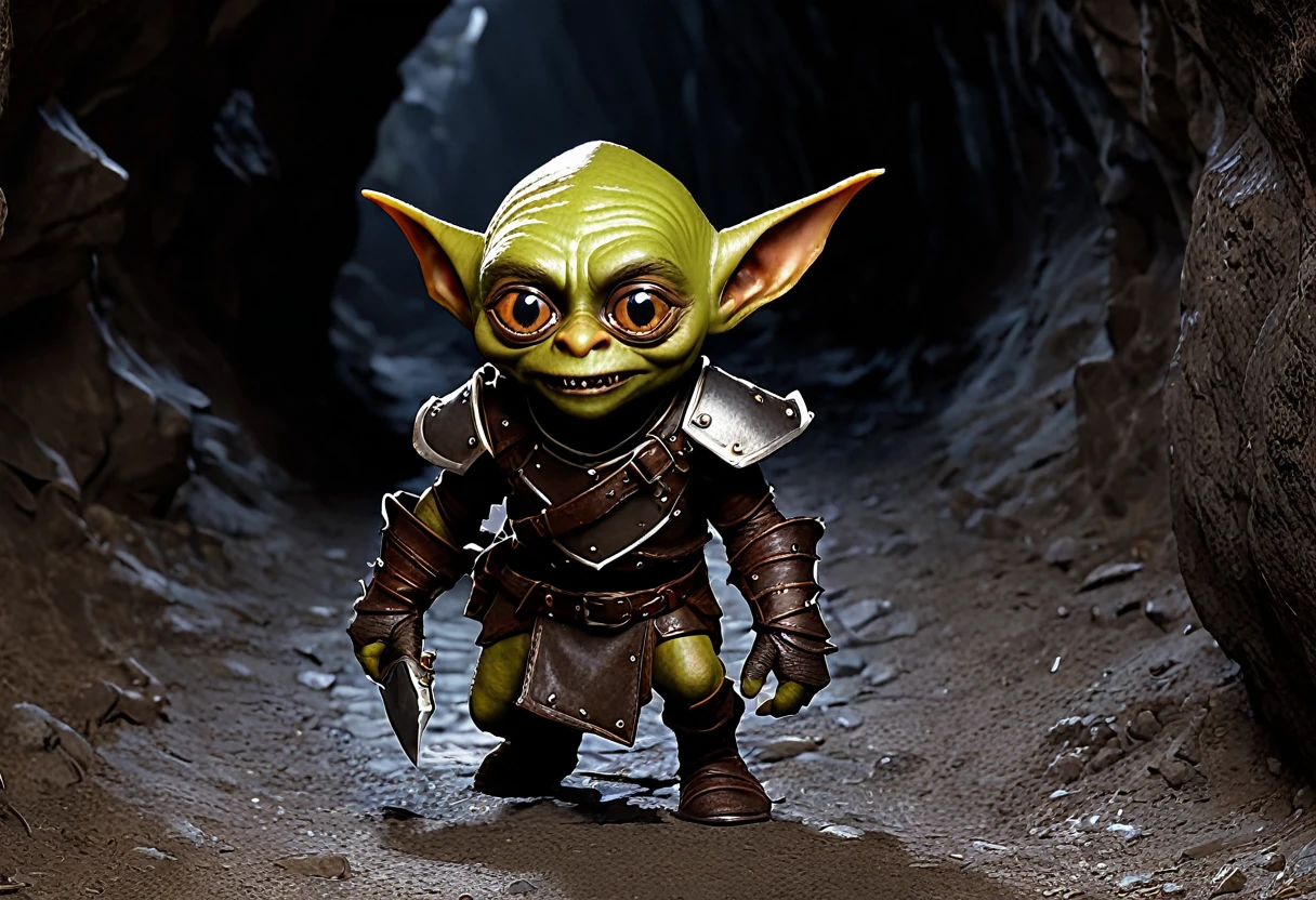 (A shifty little goblin, male, big eyes, a few missing teeth, dressed in piecemeal leather armor thief), is sneaking around ahead of his warband seeking things to steal, deep dark cavern