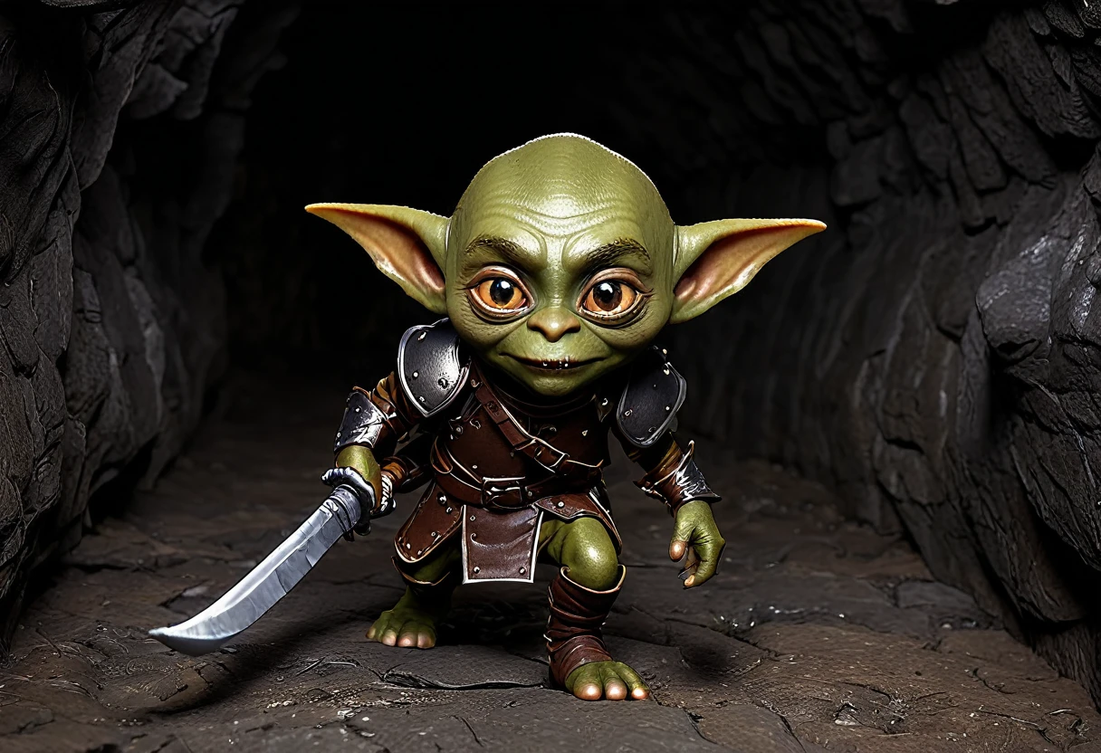 (A shifty little goblin, male, big eyes, a few missing teeth, dressed in piecemeal leather armor thief), is sneaking around ahead of his warband seeking things to steal, deep dark cavern