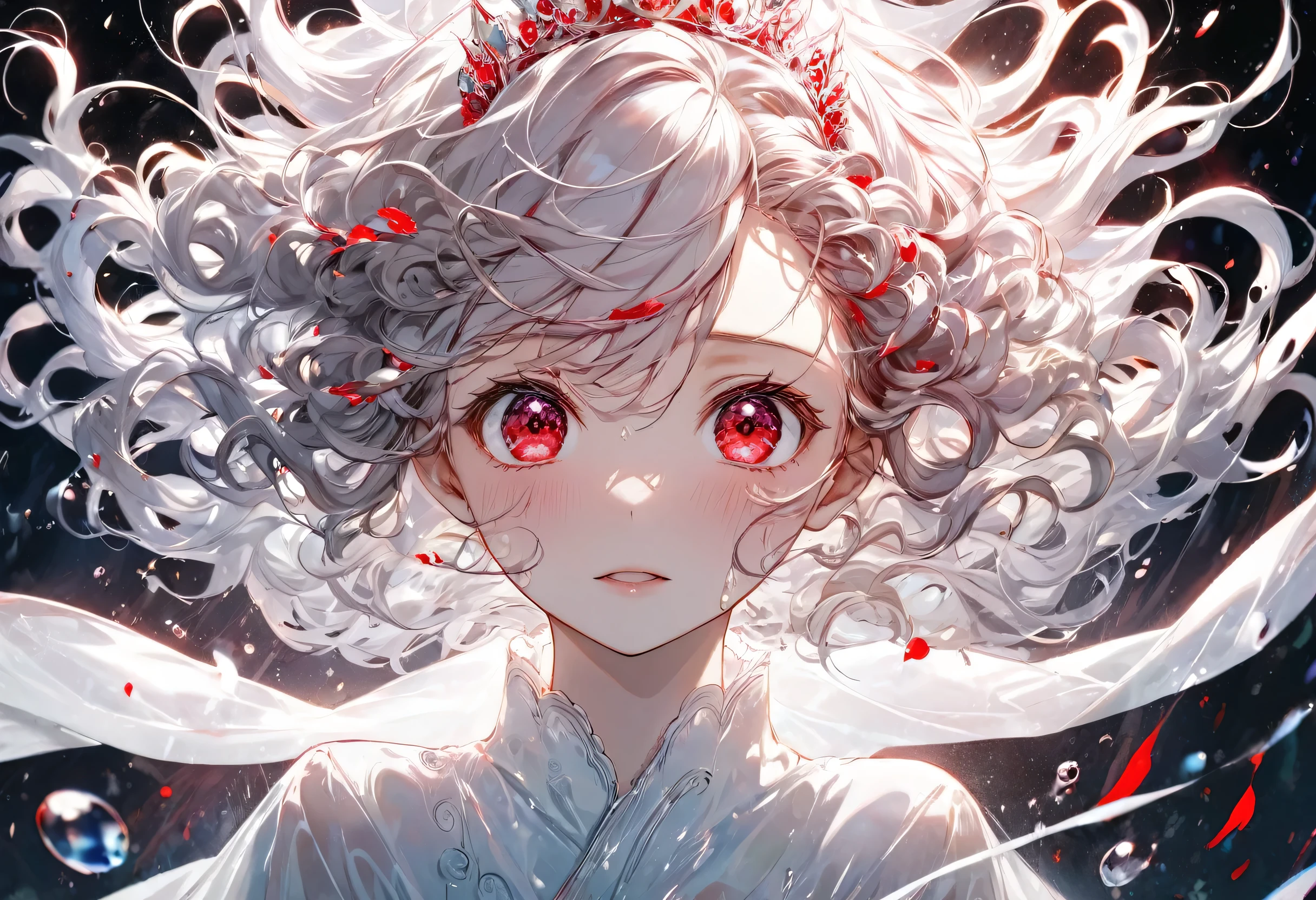 (double exposure:1.2 white-silhouette:1.4) (solo curly:1.3 hair long hairl princess girl, closed soft red eyes with tears:1.4, crying:1.4), (open arms with blood), (in a long exposure:1.4 light:1.4 body), BREAK, (float in the white), (master piece, best quality, 16k).