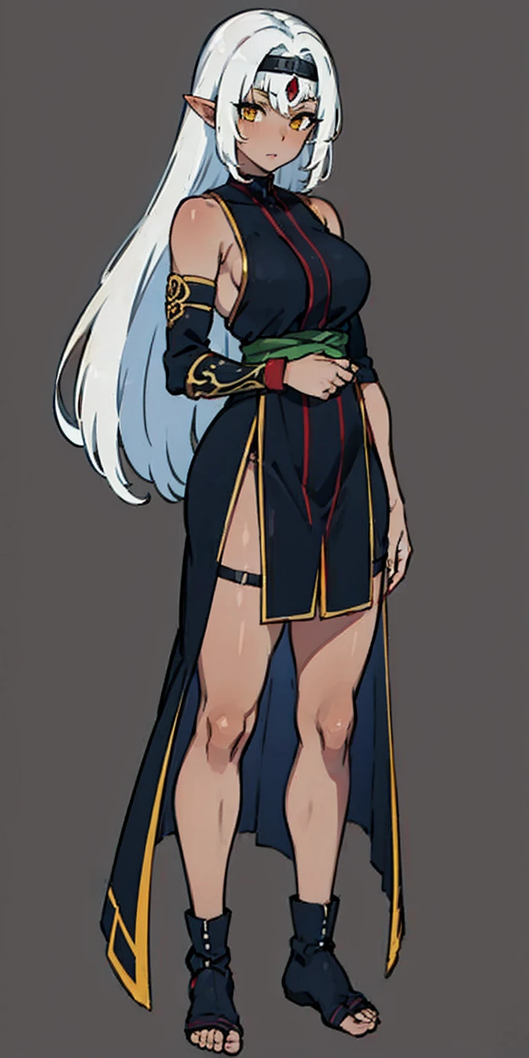 (Masterpiece, plain background:1.2) Female full body, standing straight symmetrical feet together, Pirotess dark elf, dark skin, long white hair, circlet, yellow eyes, 1990s (style), ninja Kunoichi, female 1sologirl