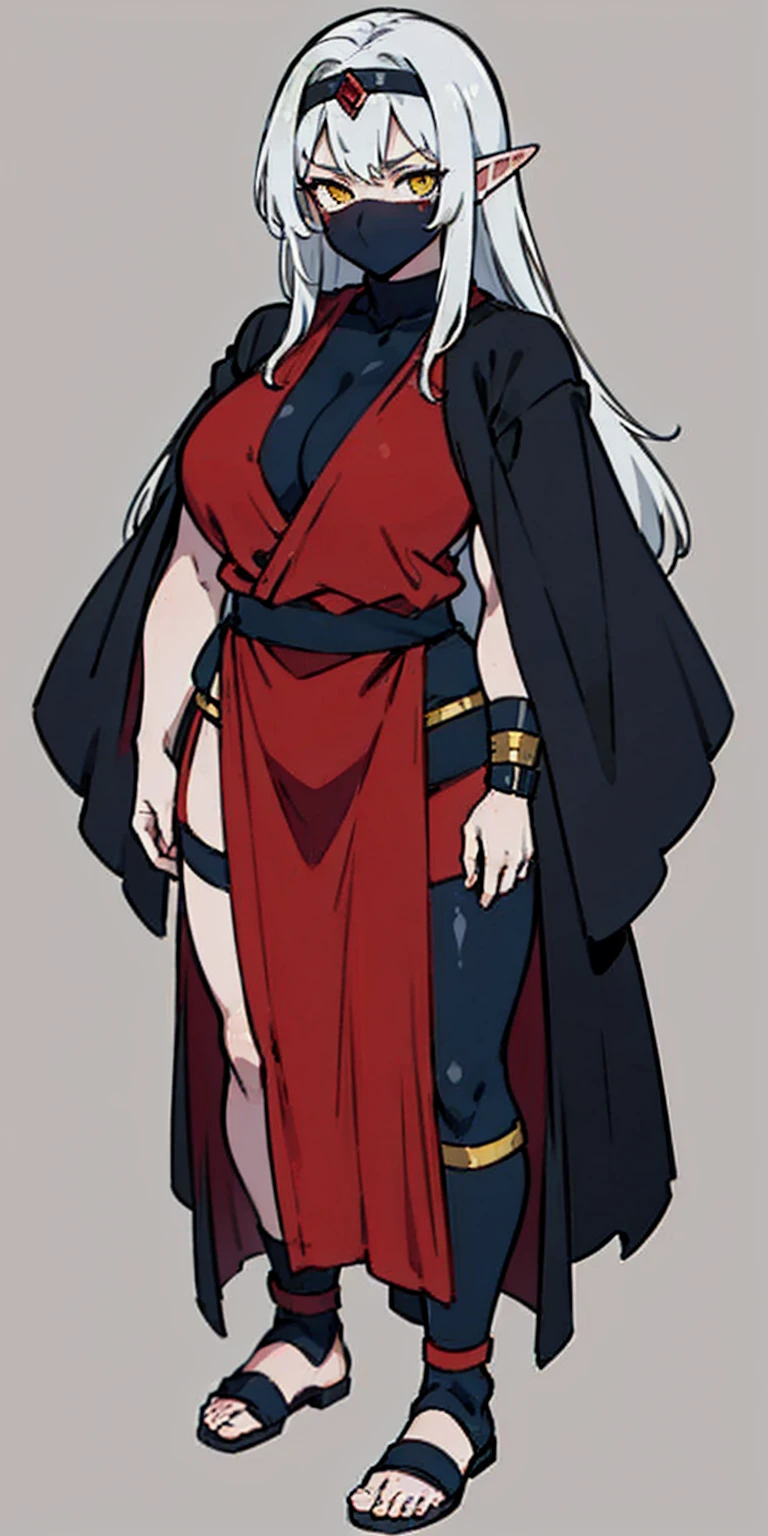 (Masterpiece, plain background:1.2) Female full body, standing straight symmetrical feet together, Pirotess dark elf, dark skin, long white hair, circlet, yellow eyes, 1990s (style), ninja Kunoichi, female 1sologirl
