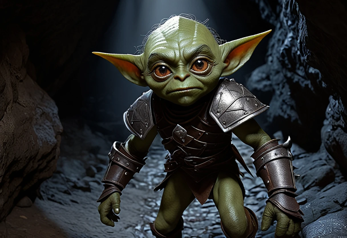 a shifty little goblin, male, big eyes, a few missing teeth, dressed in piecemeal leather armor, sneaking around ahead of his warband seeking things to steal, deep dark cavern, (best quality,4k,8k,highres,masterpiece:1.2),ultra-detailed,(realistic,photorealistic,photo-realistic:1.37),high fantasy,dramatic lighting,moody atmosphere,cinematic,intricate details,gritty,chiaroscuro,dramatic shadows,vibrant colors