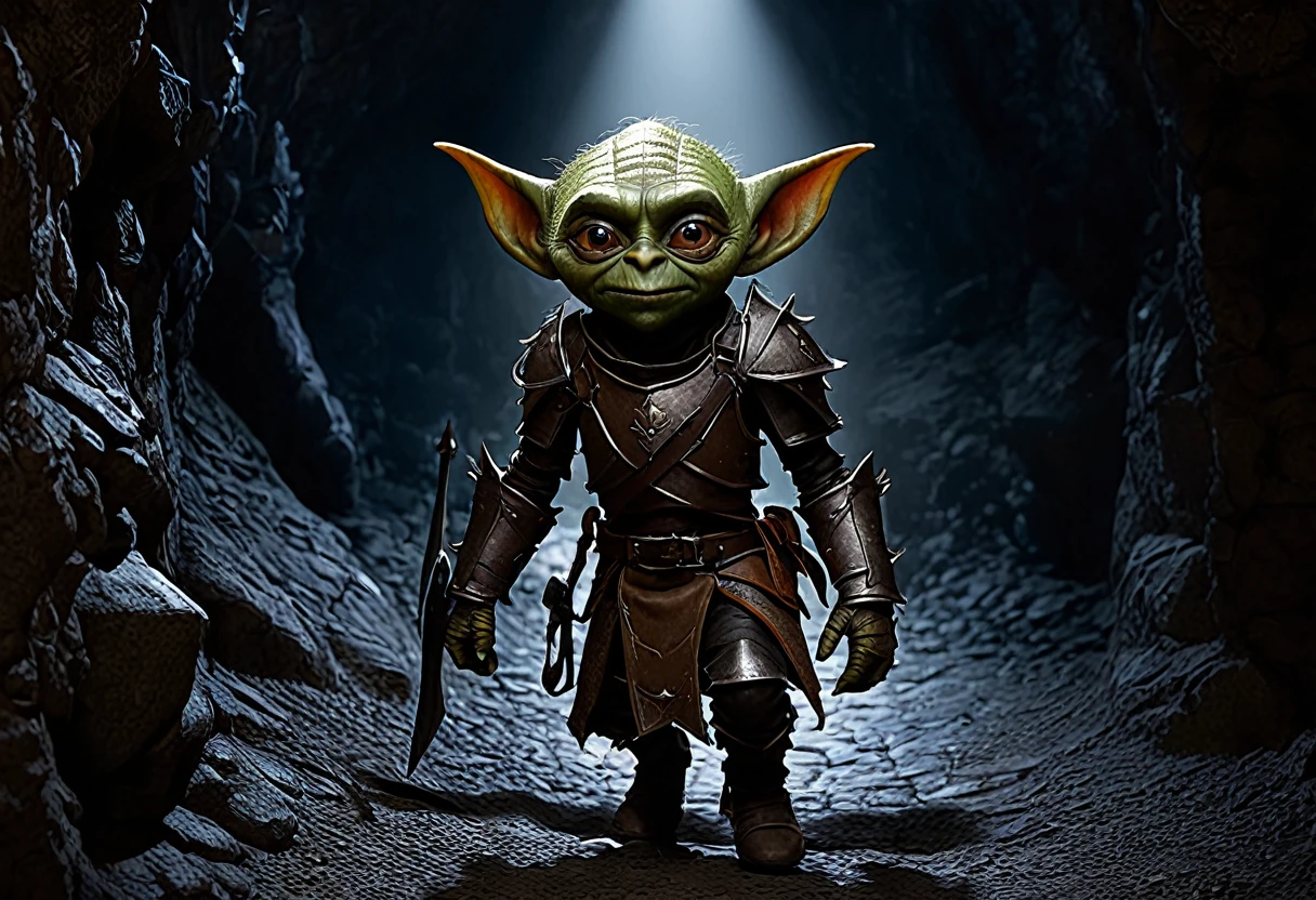 a shifty little goblin, male, big eyes, a few missing teeth, dressed in piecemeal leather armor, sneaking around ahead of his warband seeking things to steal, deep dark cavern, (best quality,4k,8k,highres,masterpiece:1.2),ultra-detailed,(realistic,photorealistic,photo-realistic:1.37),high fantasy,dramatic lighting,moody atmosphere,cinematic,intricate details,gritty,chiaroscuro,dramatic shadows,vibrant colors