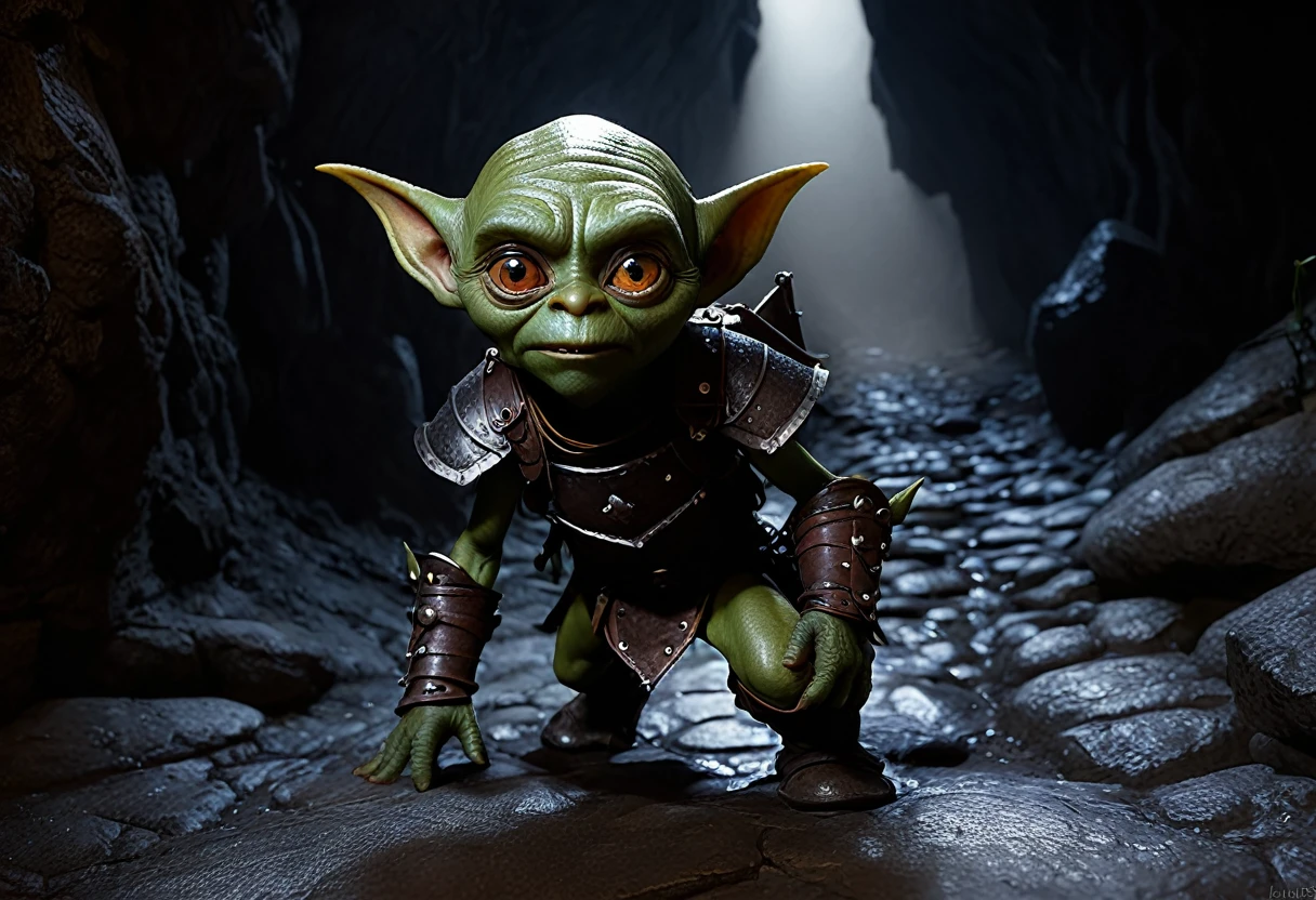 a shifty little goblin, male, big eyes, a few missing teeth, dressed in piecemeal leather armor, sneaking around ahead of his warband seeking things to steal, deep dark cavern, (best quality,4k,8k,highres,masterpiece:1.2),ultra-detailed,(realistic,photorealistic,photo-realistic:1.37),high fantasy,dramatic lighting,moody atmosphere,cinematic,intricate details,gritty,chiaroscuro,dramatic shadows,vibrant colors