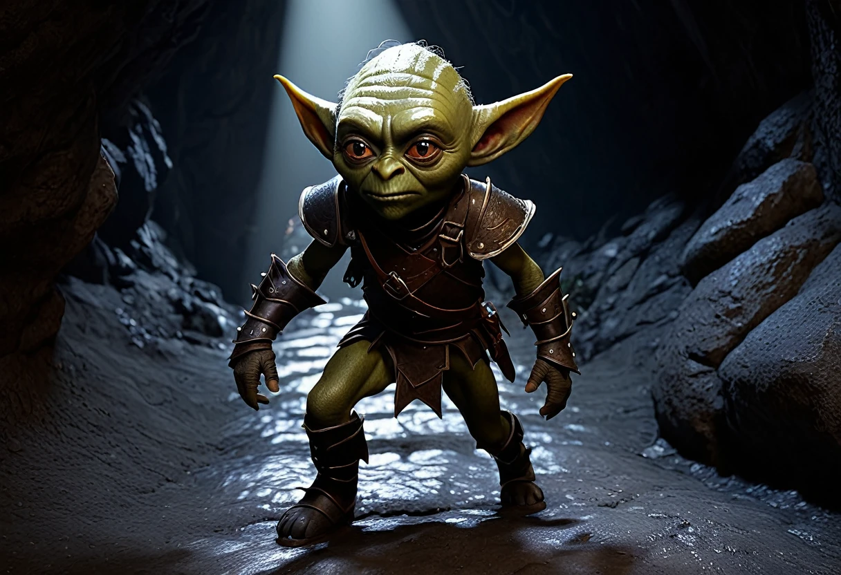 a shifty little goblin, male, big eyes, a few missing teeth, dressed in piecemeal leather armor, sneaking around ahead of his warband seeking things to steal, deep dark cavern, (best quality,4k,8k,highres,masterpiece:1.2),ultra-detailed,(realistic,photorealistic,photo-realistic:1.37),high fantasy,dramatic lighting,moody atmosphere,cinematic,intricate details,gritty,chiaroscuro,dramatic shadows,vibrant colors