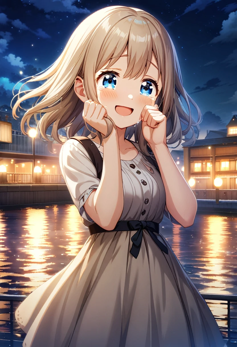 game cg,1girl,light brown color and medium length hair,(blue eyes)+,tareme,((happy tears)),smile,((tears)),wiping tears ,night,water front,