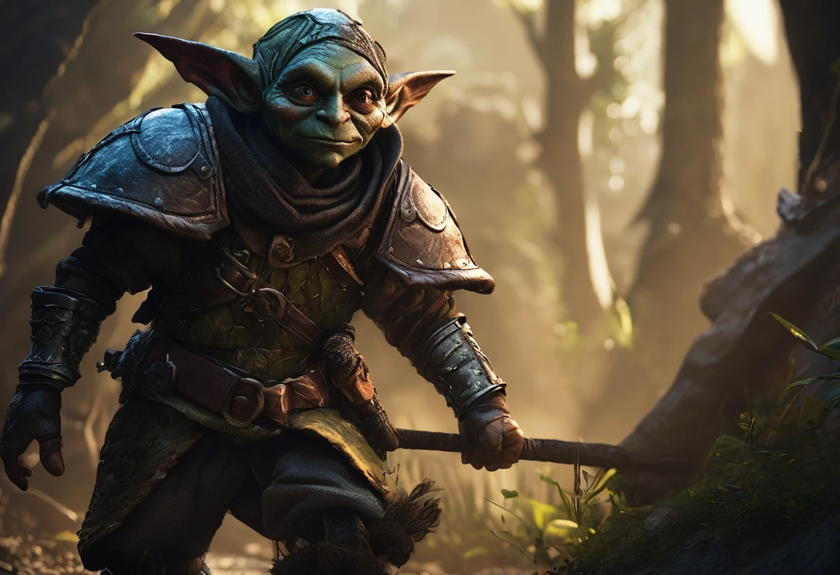 a shifty little goblin, male, big eyes, a few missing teeth, dressed in piecemeal leather armor, sneaking around ahead of his warband seeking things to steal, deep dark cavern, (best quality,4k,8k,highres,masterpiece:1.2),ultra-detailed,(realistic,photorealistic,photo-realistic:1.37),high fantasy,dramatic lighting,moody atmosphere,cinematic,intricate details,gritty,chiaroscuro,dramatic shadows,vibrant colors