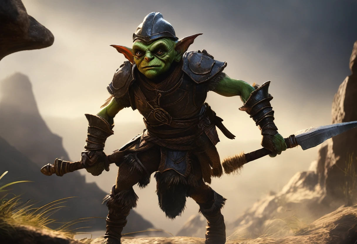 a shifty little goblin, male, big eyes, a few missing teeth, dressed in piecemeal leather armor, sneaking around ahead of his warband seeking things to steal, deep dark cavern, (best quality,4k,8k,highres,masterpiece:1.2),ultra-detailed,(realistic,photorealistic,photo-realistic:1.37),high fantasy,dramatic lighting,moody atmosphere,cinematic,intricate details,gritty,chiaroscuro,dramatic shadows,vibrant colors