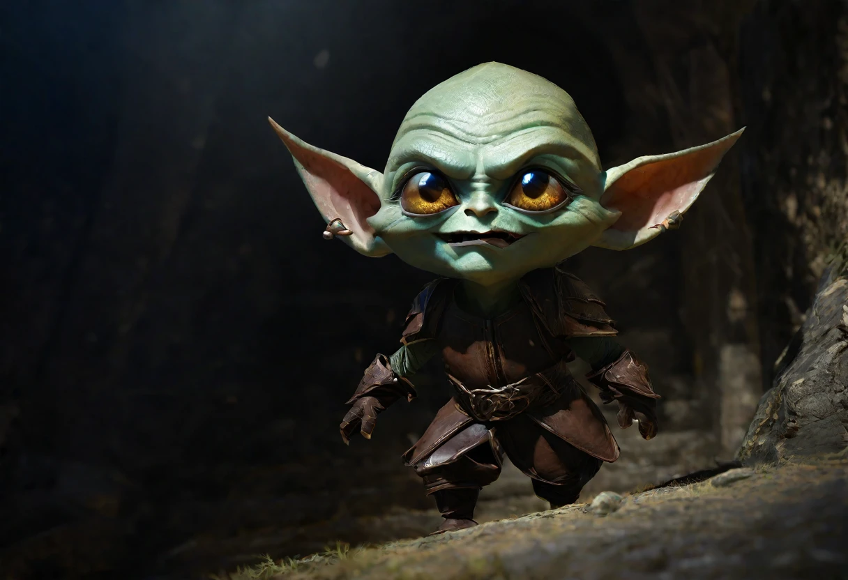 a shifty little goblin, male, big eyes, a few missing teeth, dressed in piecemeal leather armor, sneaking around ahead of his warband seeking things to steal, deep dark cavern, (best quality,4k,8k,highres,masterpiece:1.2),ultra-detailed,(realistic,photorealistic,photo-realistic:1.37),high fantasy,dramatic lighting,moody atmosphere,cinematic,intricate details,gritty,chiaroscuro,dramatic shadows,vibrant colors
