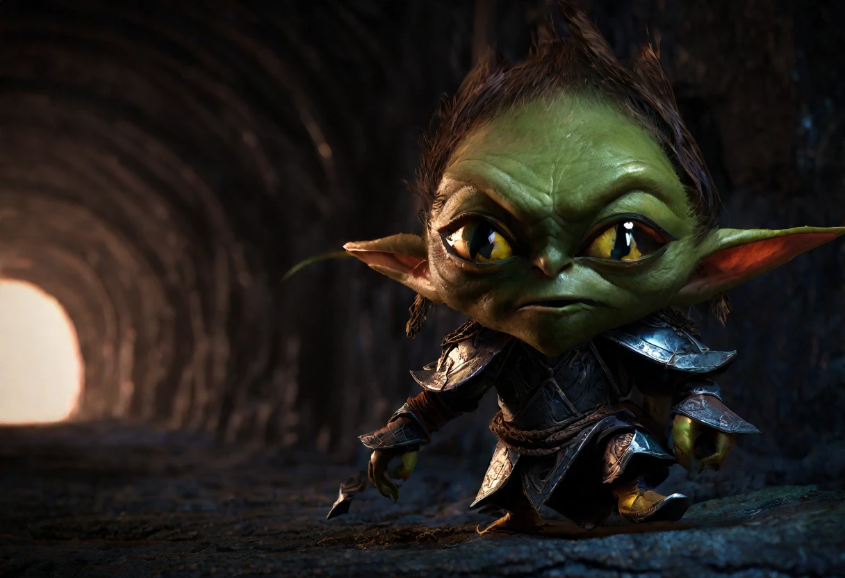 a shifty little goblin, male, big eyes, a few missing teeth, dressed in piecemeal leather armor, sneaking around ahead of his warband seeking things to steal, deep dark cavern, (best quality,4k,8k,highres,masterpiece:1.2),ultra-detailed,(realistic,photorealistic,photo-realistic:1.37),high fantasy,dramatic lighting,moody atmosphere,cinematic,intricate details,gritty,chiaroscuro,dramatic shadows,vibrant colors