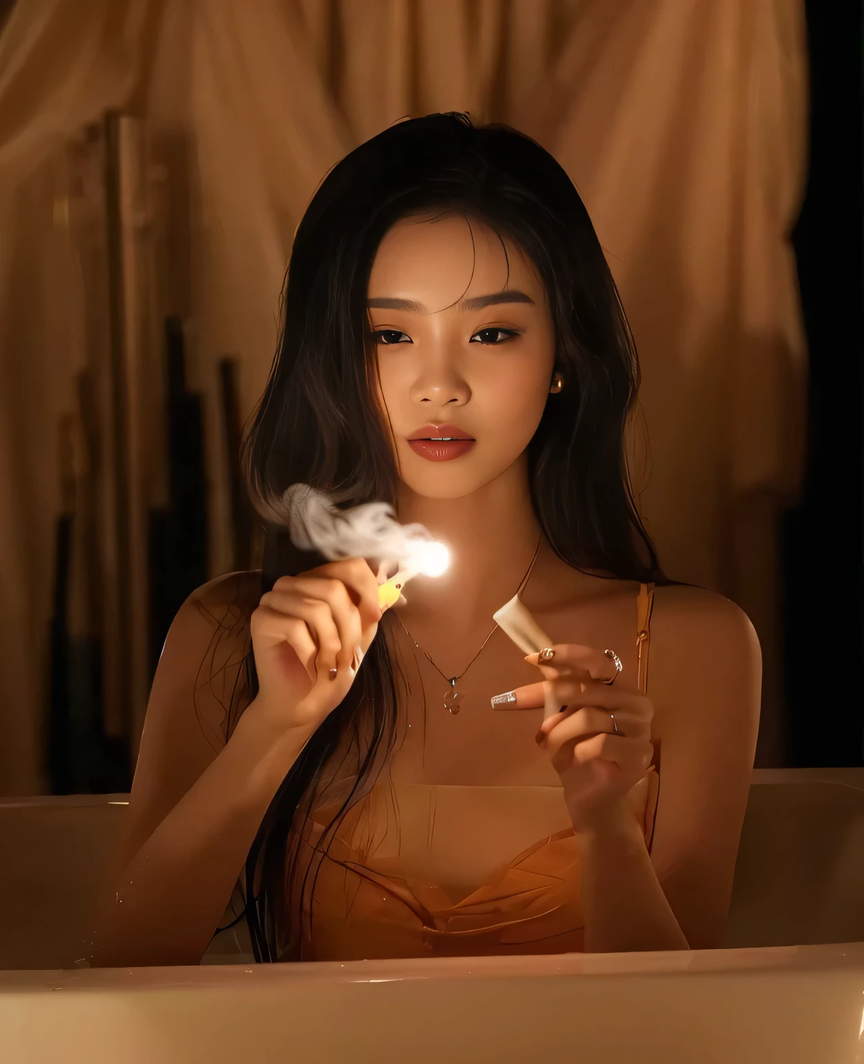 there is a woman that is sitting in a bathtub with a cigarrillo, con cigarro, woman smoking cigarrillo, jennie rosa negro, Brandon Woelfel, Art album, dramatic smoking pose, cigarrillo, fumando un cigarrillo🚬, Asian girl, mujer fumadora, Gongbi, wenfei ye, Chinese girl, con humo, an asian woman, woman smoking a cigarrillo