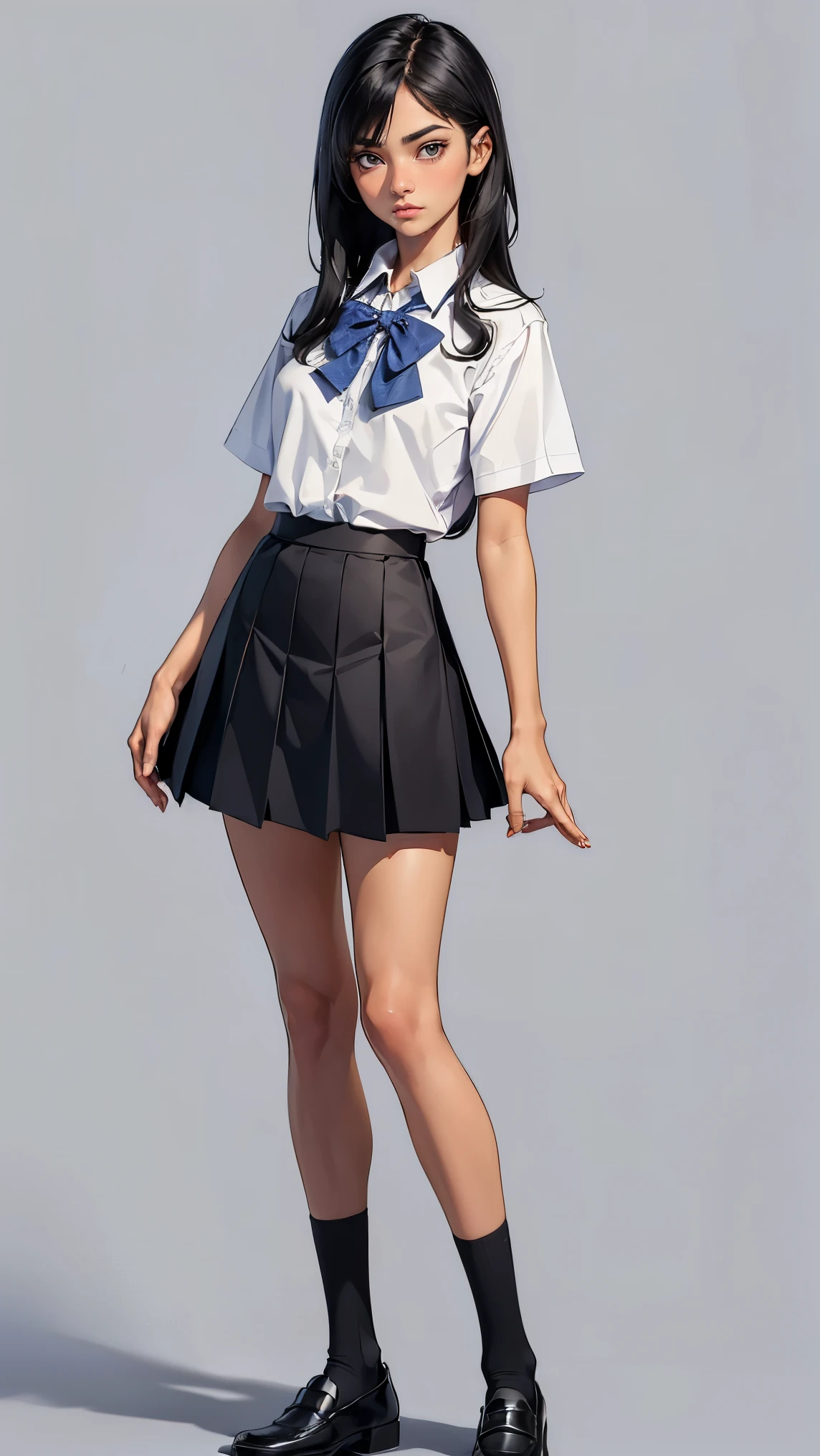 ((highest quality,4K,High resolution,masterpiece:1.2)),((Character Concept Art)), 1 female, Teenage girl, 15 year old asian beauty queen, ((shoulder-length black hair)), Black Hair, (Fair skin color), Very detailed eyes (Black eye color), Innocent, beautiful, , slim body build, ((Intricate details)), Very finely crafted needles, Very finely crafted fingers(((10 fingers))), Wear a white short-sleeved school shirt with a bow tie, Gray school skirt, Knee-length school socks, Black school loafers, (Standing casually), (Full-body showcase), (Show your whole body), (No logos on background), (No logo), ((Plain background)), ((Plain background)), (((Sky Background)))