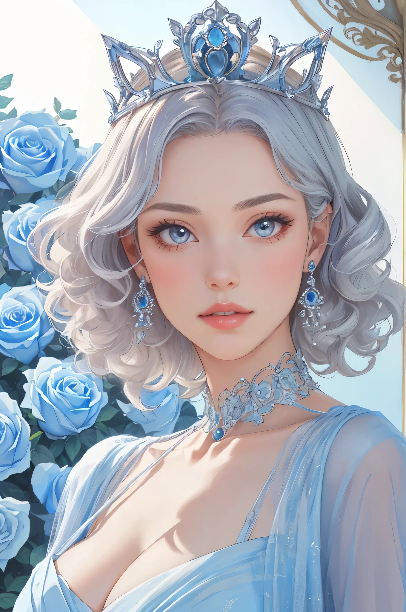 masterpiece，highest quality，Realistic，lips，Full Shot，1 beautiful girl，Big round eyes，１By people，Beautiful curly hair，Silver Hair，Skin Texture，(design princess dress_Light blue, Polish，jewelry, tiara:1.2)，Beautiful and detailed，Big Rose Background，Light blueのコート，palace，Warm Light