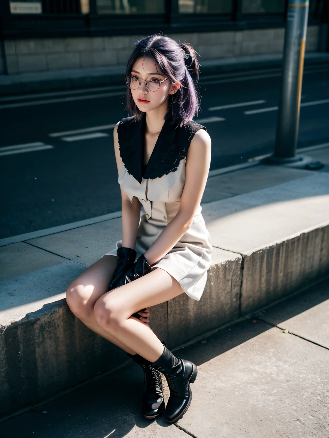 (1 lady), (Best quality at best:1.4), (ultra - detailed), (extremely detailed CG unified 16k), A Beautiful Woman with Perfect Figure: 1.4, Sharp Focus: 1.2, purple hair, very detailed, High-definition RAW color photo, professional photoshooting, amazing face and eyes, cosmetics, standing, (amazingly beautiful girl), ((kotomi)), ((exact clothes: white dress, black vest, Black Lace Bridal Gloves, glasses, wearing black combat boots)), (looking cute, immerse in her own thoughts expression), (City park, extremely detailed background, realistic background, first date vibes), (look from above), realistic cinematic face, head to feet long wide zoomed out view, full body long view, head to shoes, photorealistic, ((realistic natural purple hair style, purple eyes)), gorgeous, extremely beautiful face, pretty face, delicate girl, skinny but in good shape, perfect model beauty, pout mouth, Highly Detailed Face and Skin Texture, Detailed Eyes, Double Eyelids, Medium size breasts, shy but motivated expression, (masterpiece), best quality, high resolution, extremely detailed, cinematic lighting, amazing legs, clear and well-cared skin, (milky pale skin, white skin like milk), official dior editorial, trending on pinterest, dreamy, aesthetic, ((style raw))