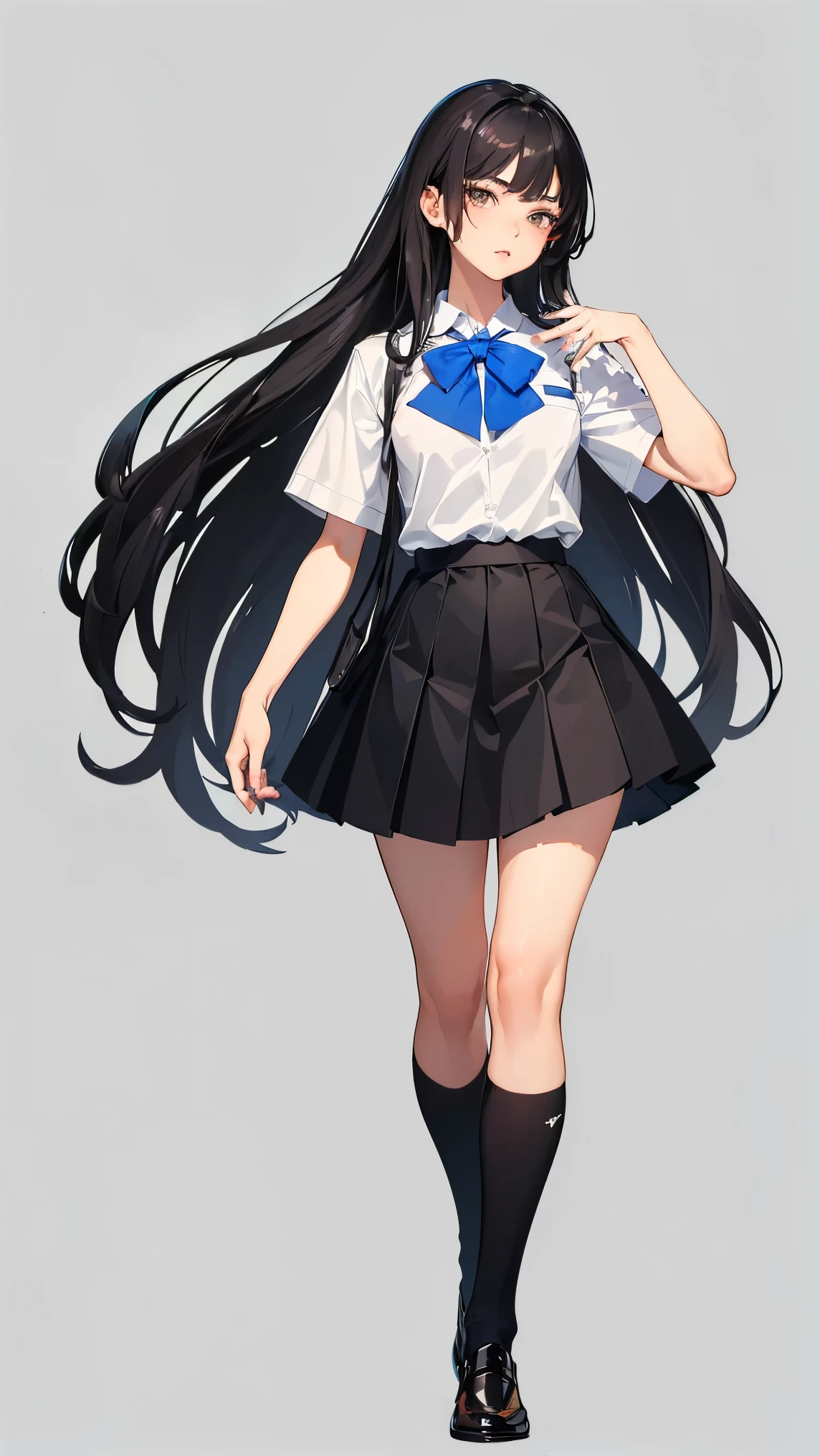 ((highest quality,4K,High resolution,masterpiece:1.2)),((Character Concept Art)), 1 female, girl, 15 yearbeauty queen, ((shoulder-length black hair)), Black Hair, (Fair skin color), Very detailed eyes (Black eye color), Innocent, beautiful, , slim body build, ((Intricate details)), Very finely crafted needles, Very finely crafted fingers(((10 fingers))), Wear a white short-sleeved school shirt with a bow tie, Gray school skirt, Knee-length school socks, Black school loafers, (Standing casually), (Full-body showcase), (Show your whole body), (No logos on background), (No logo), ((Plain background)), ((Plain background)), (((Sky Background)))