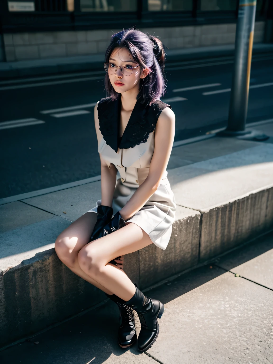 (1 lady), (Best quality at best:1.4), (ultra - detailed), (extremely detailed CG unified 16k), A Beautiful Woman with Perfect Figure: 1.4, Sharp Focus: 1.2, purple hair, very detailed, High-definition RAW color photo, professional photoshooting, amazing face and eyes, cosmetics, standing, (amazingly beautiful girl), ((kotomi)), ((exact clothes: white dress, black vest, Black Lace Bridal Gloves, glasses, wearing black combat boots)), (looking cute, immerse in her own thoughts expression), (City park, extremely detailed background, realistic background, first date vibes), (look from above), realistic cinematic face, (head to feet long wide zoomed out view, full body long view, head to shoes), photorealistic, ((realistic natural purple hair style, purple eyes)), gorgeous, extremely beautiful face, pretty face, delicate girl, skinny but in good shape, perfect model beauty, pout mouth, Highly Detailed Face and Skin Texture, Detailed Eyes, Double Eyelids, Medium size breasts, shy but motivated expression, (masterpiece), best quality, high resolution, extremely detailed, cinematic lighting, amazing legs, clear and well-cared skin, (milky pale skin, white skin like milk), official dior editorial, trending on pinterest, dreamy, aesthetic, ((style raw))
