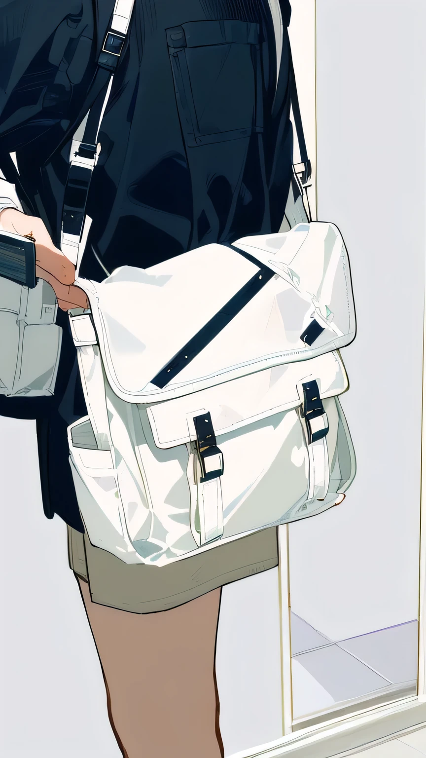 there is a man holding a white bag in a bathroom, White fashionable clothes, Cute big pocket hardware, beige, bags, ( Ivory Black ), school bag, a man wearing Backpack, , White monochrome color!!!!!, bag, off white, White, Backpack, Trends with r/Streetwear, Digital Art - w 0