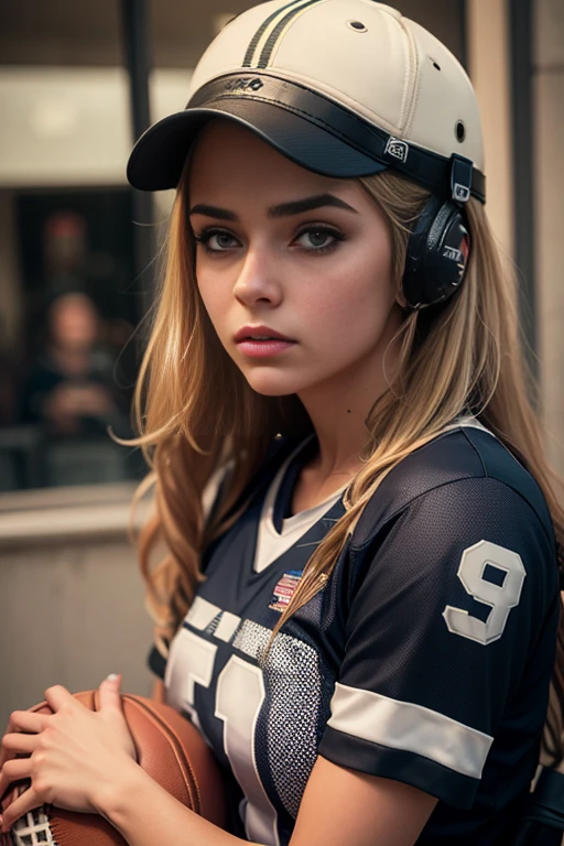 Funny looking girl dressed in American football clothes, casco, mirada intensa, Al estilo del realismo Charlie Bowater, alejandro burdisio, intense, alejandro averin, Symbolic Nabis, 8k 3d, Fun and sports