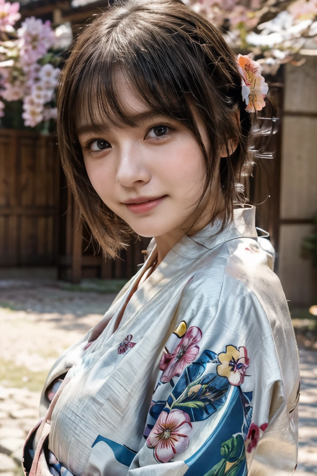 Realistic, High resolution, 1 female, Glowing Skin, alone, Wide lips,Color Contact Lenses,Weight 40kg,round face,Flower pattern kimono,Full Body Shot,Realistic skin texture,Genuine,Detailed face,Mr.々A pose,Female college student,Young face,Idol body type,Snow-white skin,short hair,Wavy Hair,18-year-old,Outdoor,What a lovely smile,Full body kimono