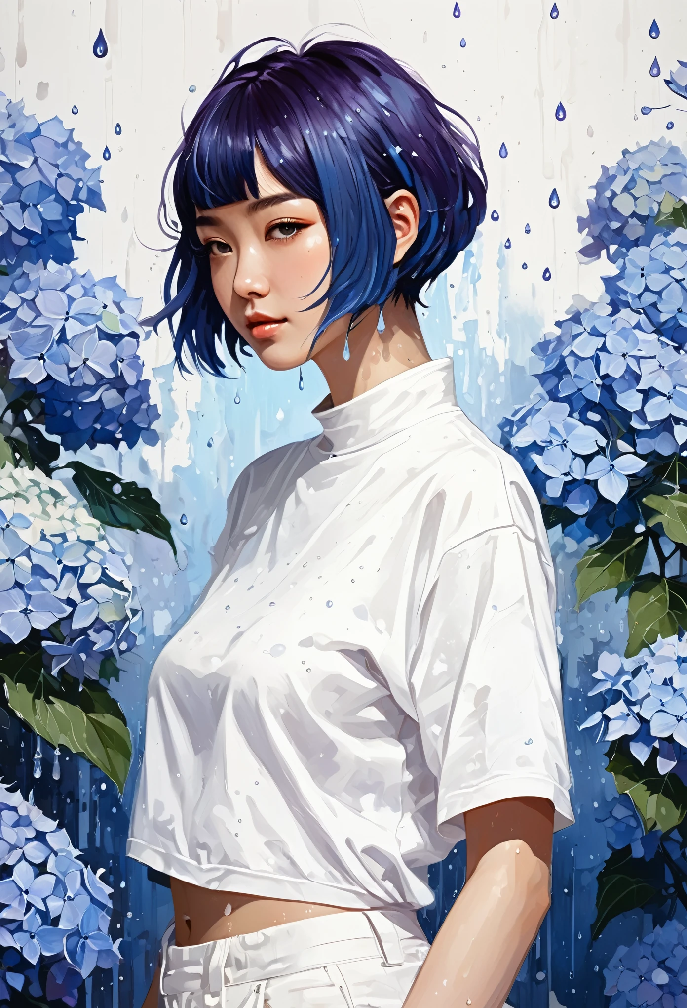 Acrylic painting of a Japanese girl donning a white t-shirt, blending techniques with elements reminiscent of Genshin Impact, showcased with a medley of palette knife and brush strokes, trending on Pixiv Fanbox, high-key palette, soft yet defined. A detailed and intricate illustration of a person with short blue hair adorned with hydrangea flowers in various shades of blue and purple, in profile view, wearing a white outfit with a high collar, with water droplets scattered throughout, highly detailed and ethereal style, soft color palette, focus on delicate textures of flowers and hair.