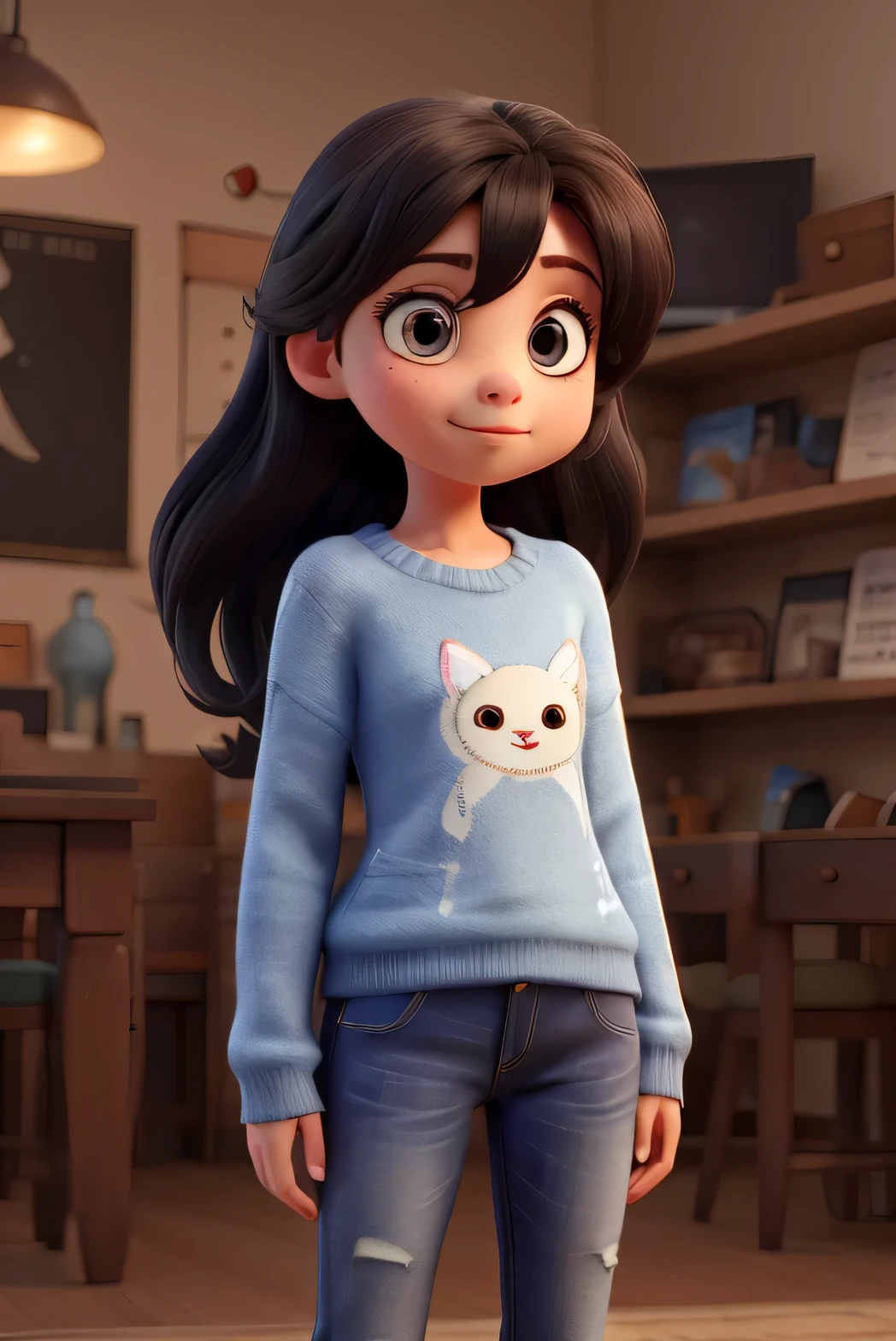Girl with a light blue sweater and long black hair and cute dark brown eyes and wearing jeans