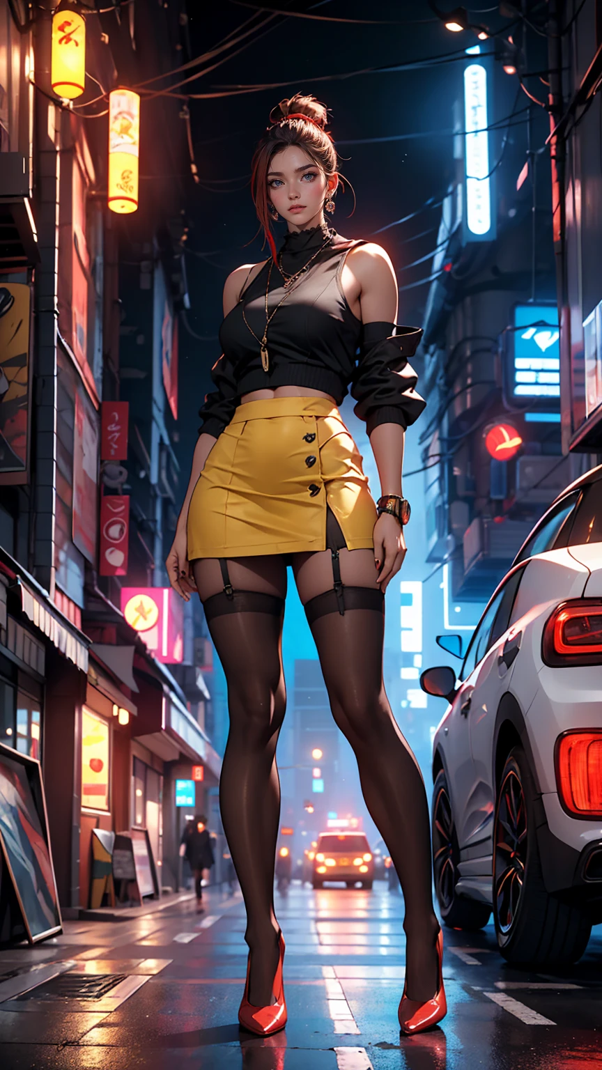 Unreal Engine:1.4, CG K Ultra Realistic, Realistic:1.4, Skin Texture:1.4, masterpiece:1.4, Beautiful woman in babydoll lingerie and red hot pants, Special Cyberpunk Style, CG and Realistic image, ultra-detailed Skin Texture. A masterpiece creation of a woman adorned in a yellow cyberpunk-style outfit, Short skirt, Red Pantyhose, Blue mini skirt, Unreal Engine trend, Ultra-realistic texture, Realistic digital art.