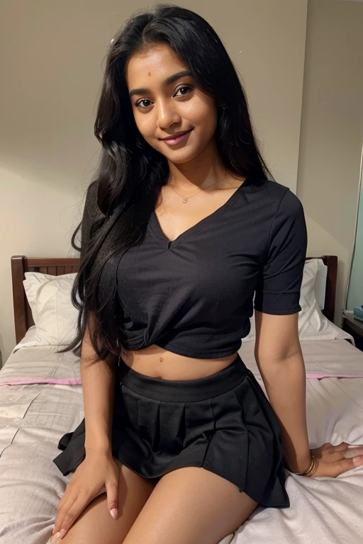 Realistic,A 19-year-old Sinhala beautiful Sri Lankan cute girl wore a A skirt , coloured bluse, beautiful face, beautiful, black long hair, smile, short body.legs are visible, sleeping on bed