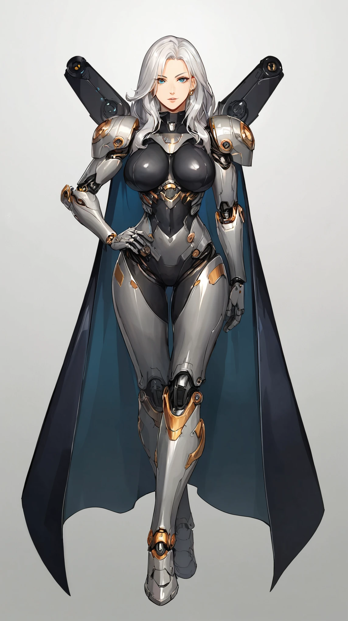 score_9, score_8_up, score_8, 1girl, milf, BREAK, android, grey cybersuit, black upper armor, mechanical arms, machinery, prosthesis, solo, silver hair, long hair, cloak, BREAK, looking at viewer, from behind, hand on hip