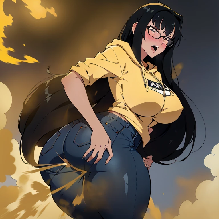 realism,beautiful lighting,(((1girl))),((black hair, sideswept hair bang,long hair)), tall body ,glasses, hoodie tshirt, blue jeans, massive fart, yellow smoke, velocity blush, clenching teeth, big mouth, opened mouth, climax, ahegao face