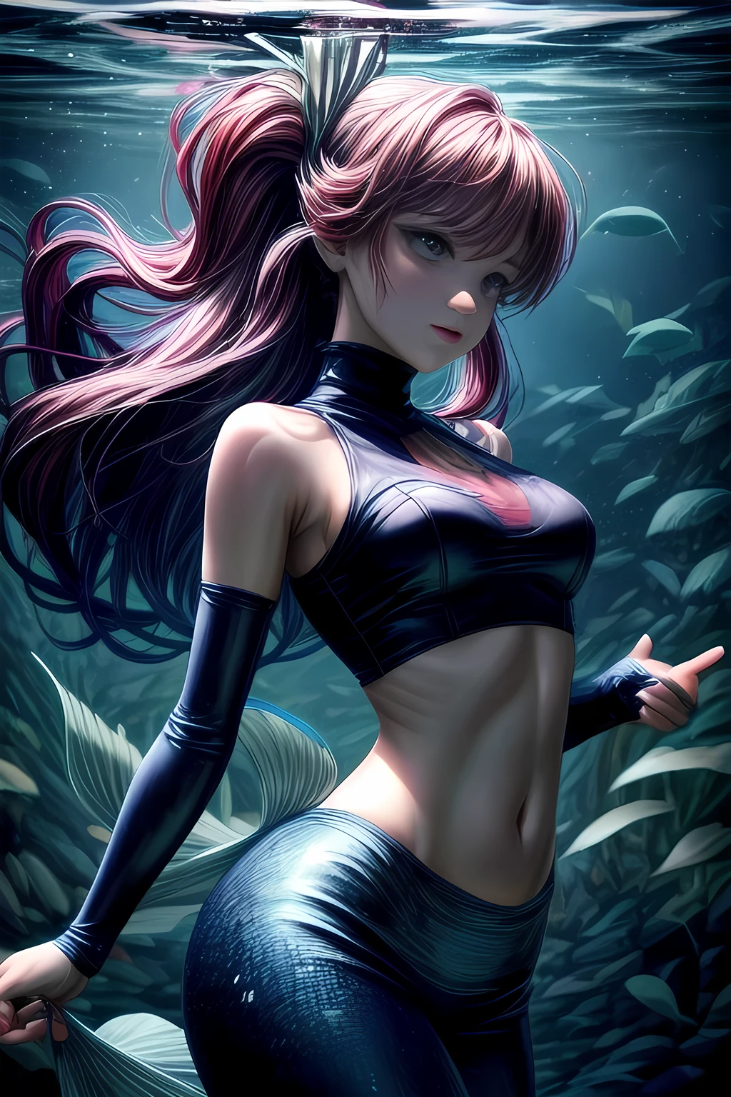 The Little Mermaid, under the sea, detailed fish fin, high-neck cropped tops, front view