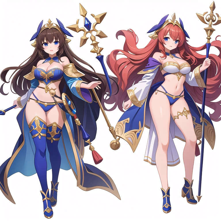masterpiece, best quality, 3 girls, high fantasy outfits, ((white background)), full body, multiple views, thong, holding weapon,