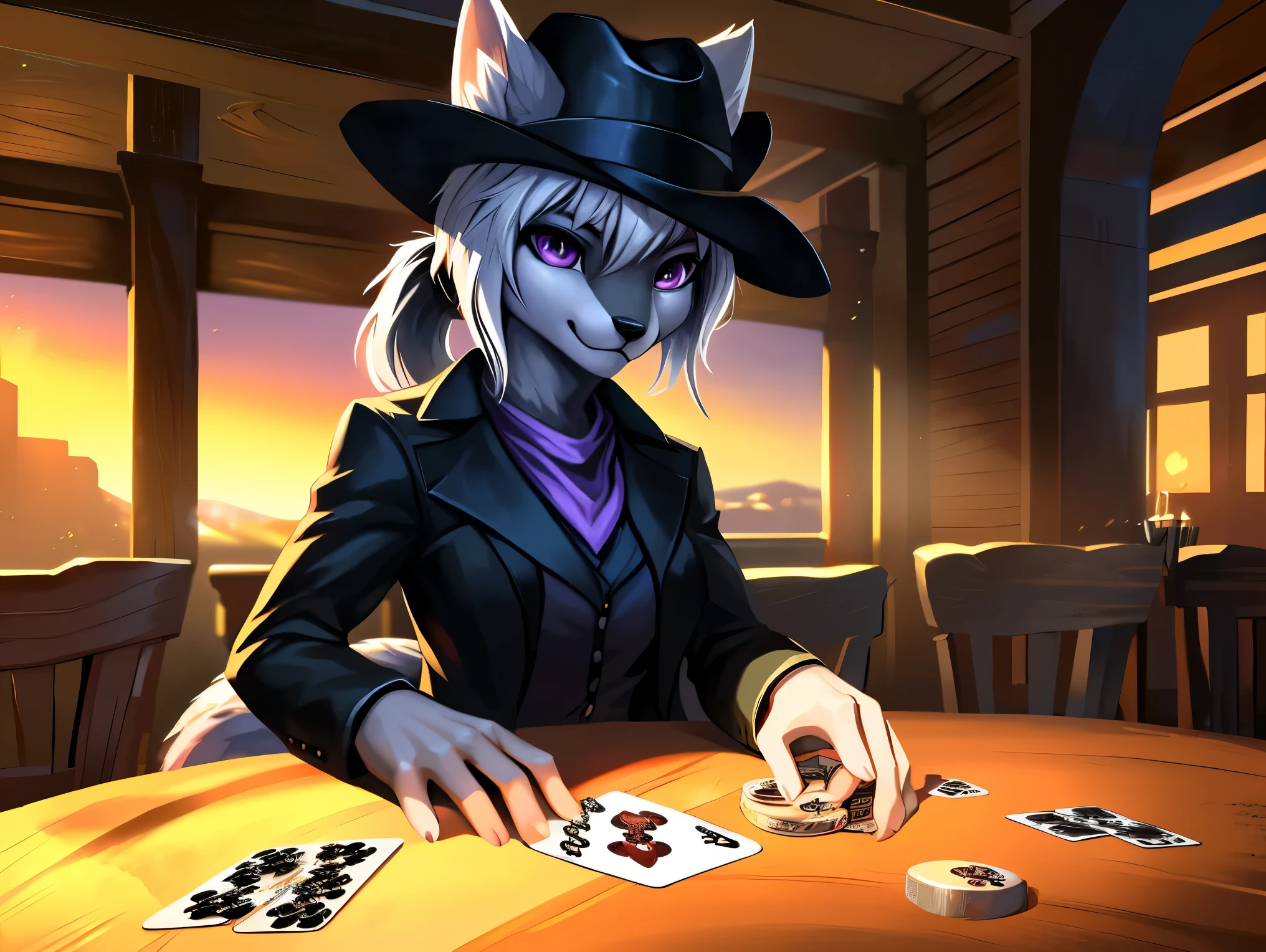 fox, female, solo, white hair, ponytail, ((grey fur)), (purple eyes), small breast, ((black gambler clothes)), black coat, (((large cowboy hat))), (((black cowboy hat))), purple handkerchief, (playing cards), saloon, inside, Very good figure, best quality, highres, 16k, Natural soft light, Tyndall effect, Advanced film lighting, Unreal Engine5, Extremely realistic, A high resolution, perfect masterpiece, high quality, high resolution