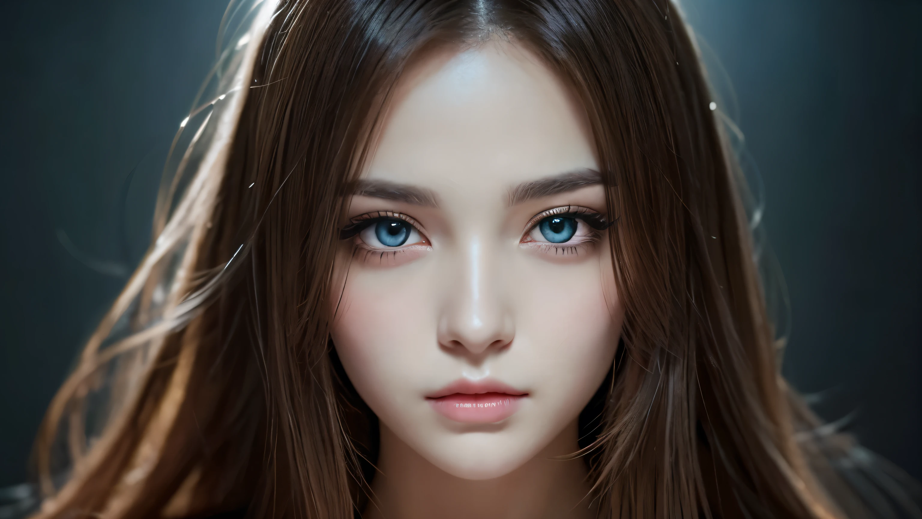 A realistic portrait of a mysterious and beautiful woman. She has striking, captivating eyes that seem to hold secrets. Her long, flowing hair cascades around her face, framing her delicate features. The background is slightly blurred to keep the focus on her enigmatic expression. The lighting is soft and highlights the contours of her face, adding to her allure and mystique. The overall mood is one of intrigue and elegance. anime style