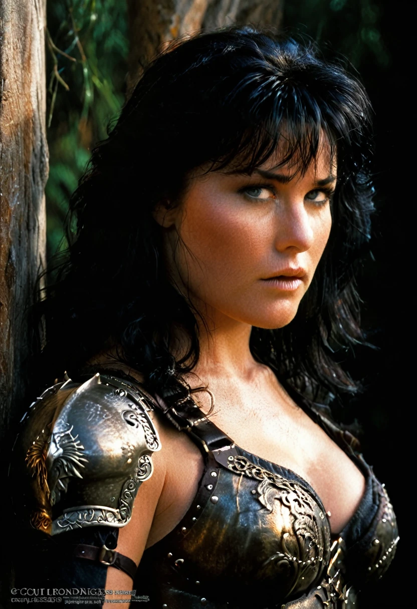 lucy lawless, Xena Warrior Princess, Xena is a beautiful, ethereal knight, cheveux noir corbeau, in the style of Boris Vallejo, highly detailed sexy filigree armor, very detailed face, highly detailed skin, corps fort, Muscle definition, (Des proportions parfaites), Heavy metal aesthetics, fond de haute fantaisie, High quality, masterpiece, Realistic photo, Complex and detailed, 8k, hdr, faible profondeur de champ, Wide light, high contrast, backlight, flares, Sharpness, Photo couleur brute, en regardant la caméra, couleurs fraîches, poitrine push-up