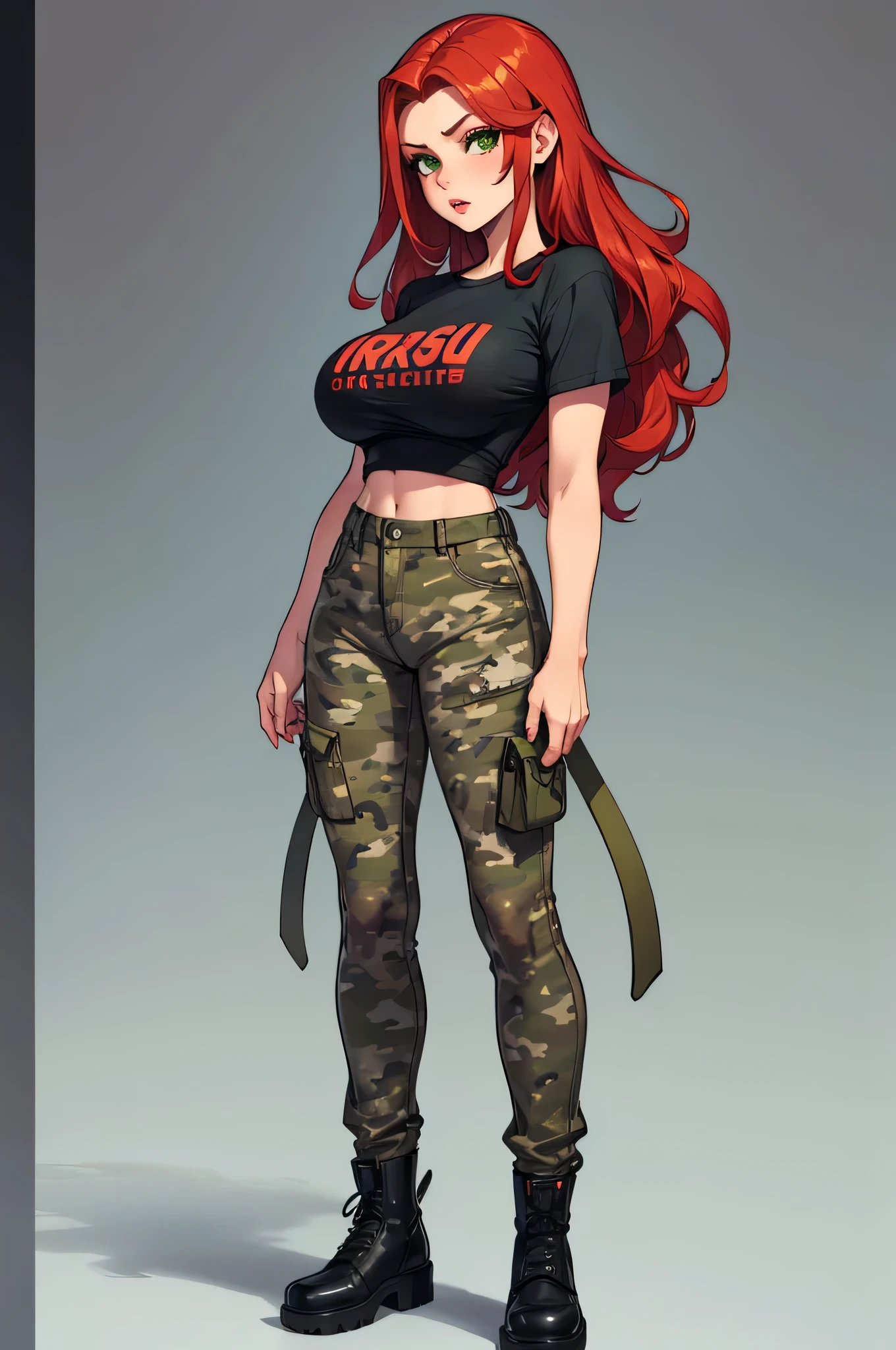 green solid background, 1 woman, best quality, ultra high res, long hair, red hair, full lips, green eyes, camo pants, olive t-shirt, short sleeves, mad at viewers, double D breast, standing, full body