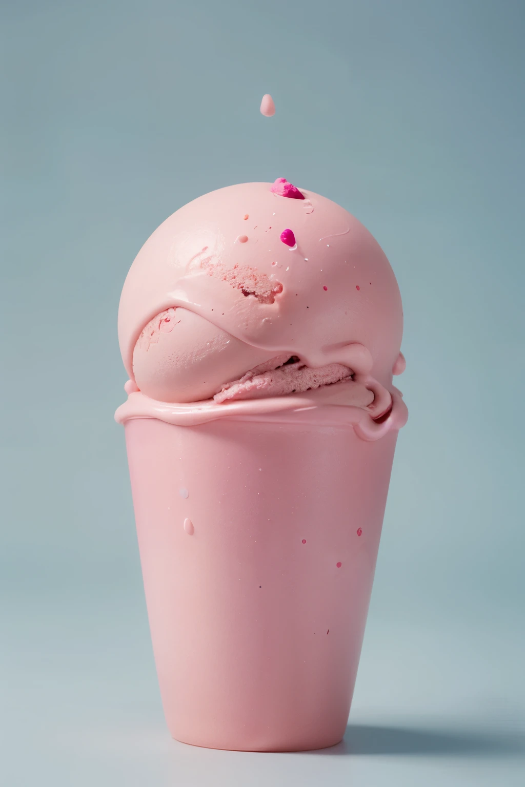 only one hot pink ice cream ball is melting on a pastel blue background, minimal