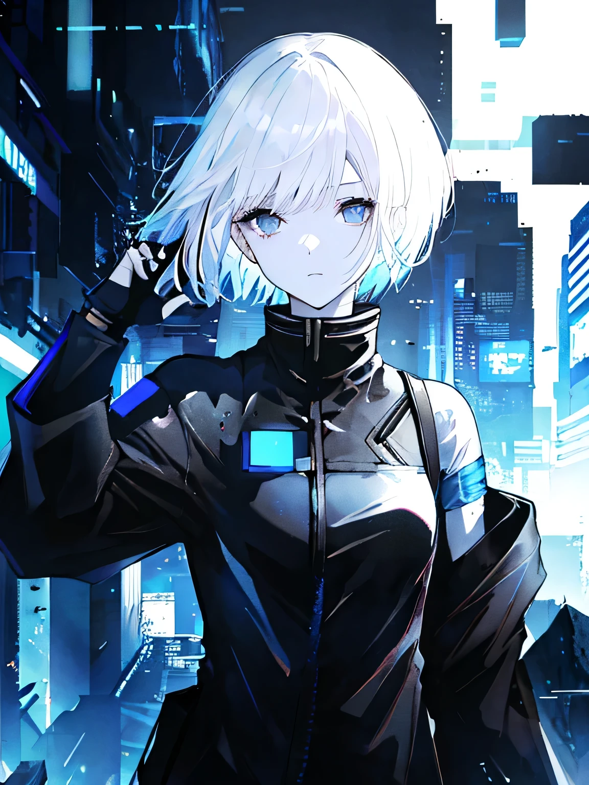 Short white hair、Black clothes、Combat attire、cyberpunk、Refreshing background、Transparent skin、blue、summer、black eyes，woman，backhand，Very cool、Relax、Cool