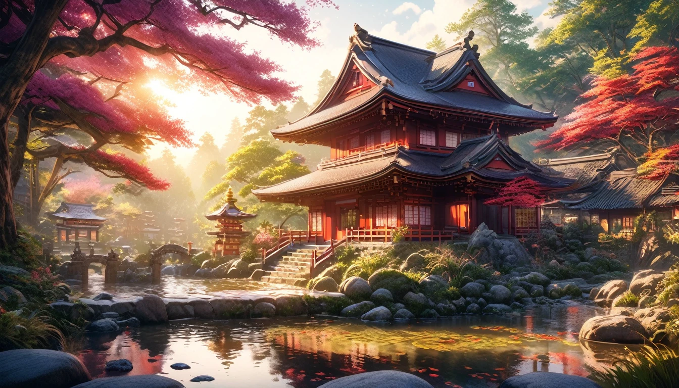 a japanese temple in the middle of a dense forest, ancient architecture, ornate roof details, moss-covered stones, sunlight filtering through the trees, pagodas, koi pond, stone lanterns, detailed foliage, serene atmosphere, cinematic lighting, vibrant colors, intricate textures, award winning composition, highly detailed, 8k, photo realistic