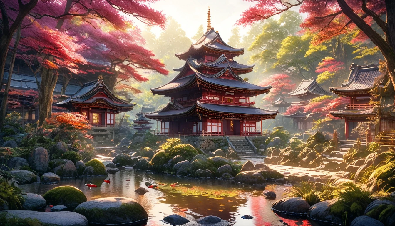 a japanese temple in the middle of a dense forest, ancient architecture, ornate roof details, moss-covered stones, sunlight filtering through the trees, pagodas, koi pond, stone lanterns, detailed foliage, serene atmosphere, cinematic lighting, vibrant colors, intricate textures, award winning composition, highly detailed, 8k, photo realistic