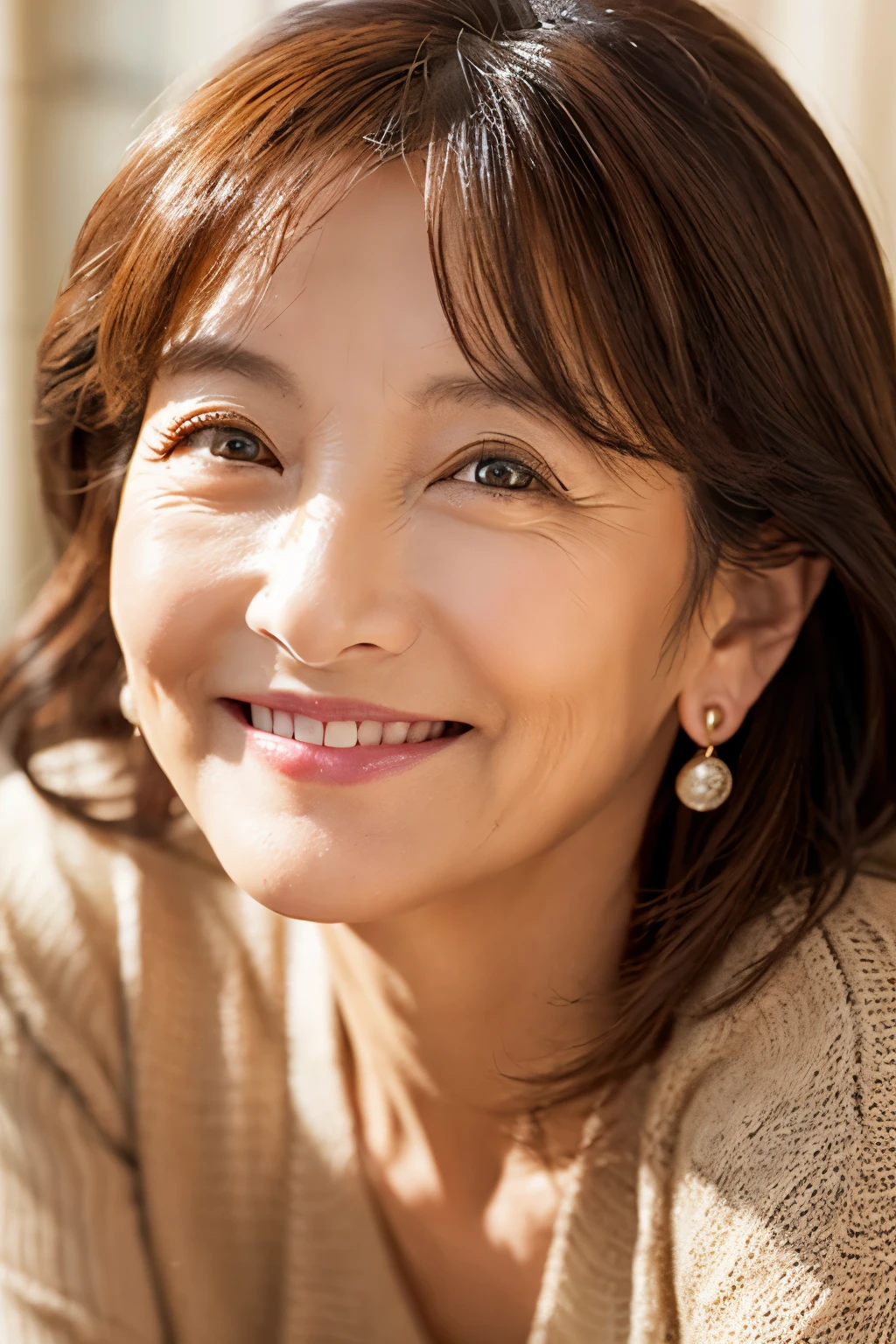 57 years old、smile、beautiful、Luxury clothing, elegant、Shining Eyes、stare、