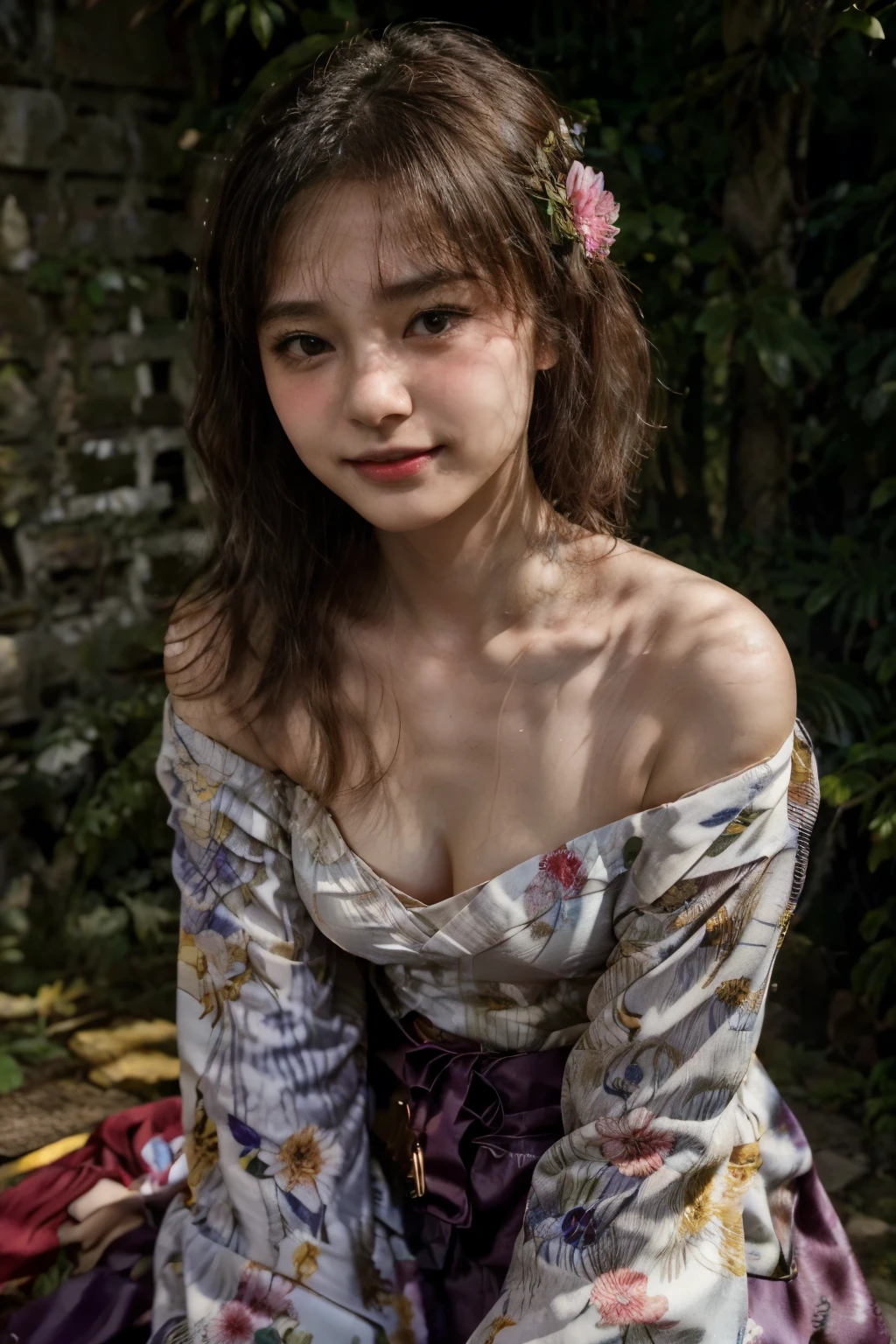 Realistic, High resolution, 1 female, Glowing Skin, alone, Wide lips,Color Contact Lenses,Weight 40kg,round face,Flower pattern kimono,whole bodyショット,Realistic skin texture,Genuine,Detailed face,Mr.々A pose,Female college student,Young face,Idol body type,Snow-white skin,short hair,Wavy Hair,18-year-old,Outdoor,What a lovely smile,whole body