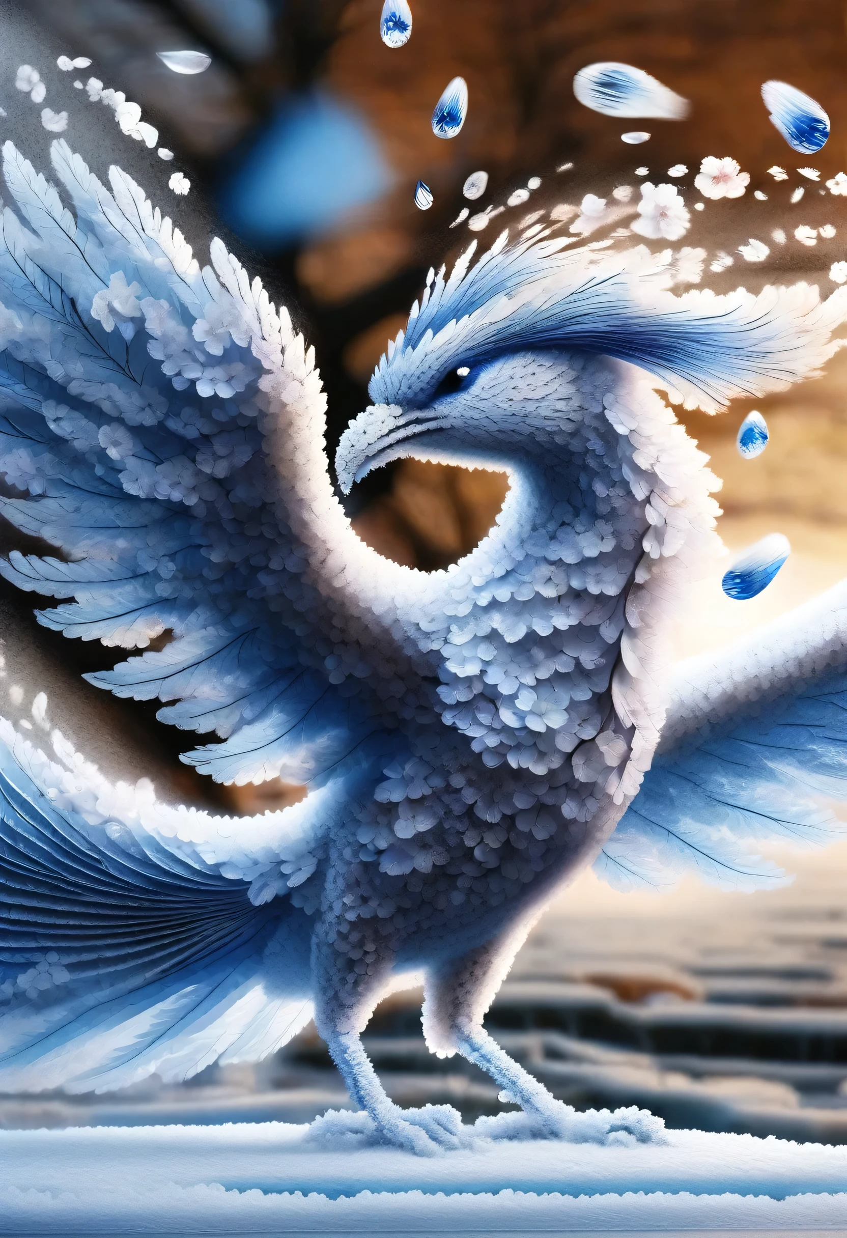 The blue phoenix symbolizes,Tough eyes，gentle，Fly in the air，Cherry blossoms and the cold blue flames of phoenixes float in the air，It makes people feel cold，element，ice，gorgeous，close up，Colorful blue，Best angle，Beautiful eyes，The finest facial details，The most beautiful masterpiece，Best Works，