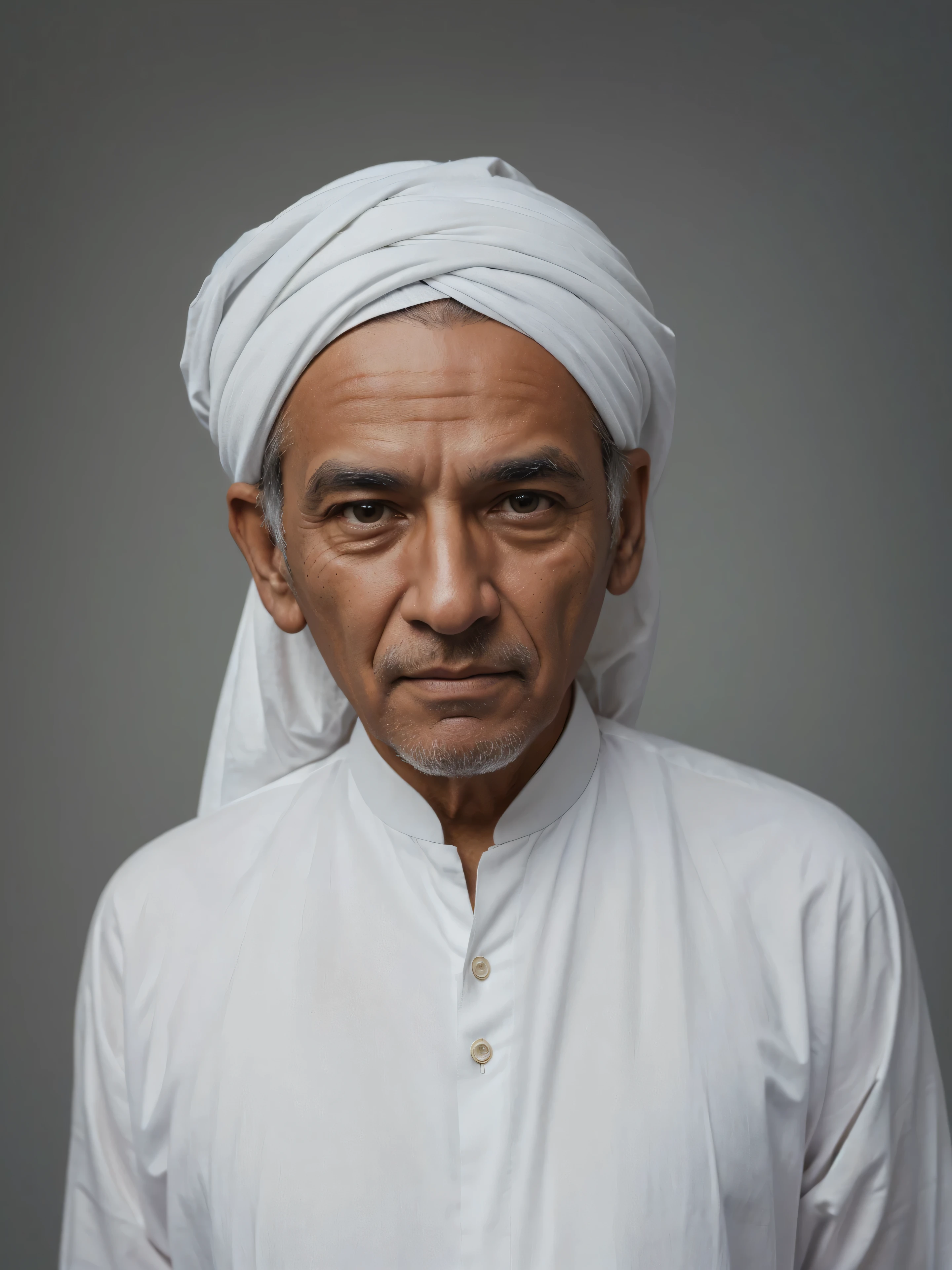 Make this photo look very realistic and detailed, arafed man in a white turban and white muslim clothes, 70 years old man, portrait shot, color portrait, close portrait, portrait photo of an old man, portrait of a old, portrait of an old, portrait picture, very detailed rait, realistic portrait photo, close up pott, profile portrait, very detailed face, very realistic face, very perfected face, very detailed clothes, very realistic clothes, very perfected clothes