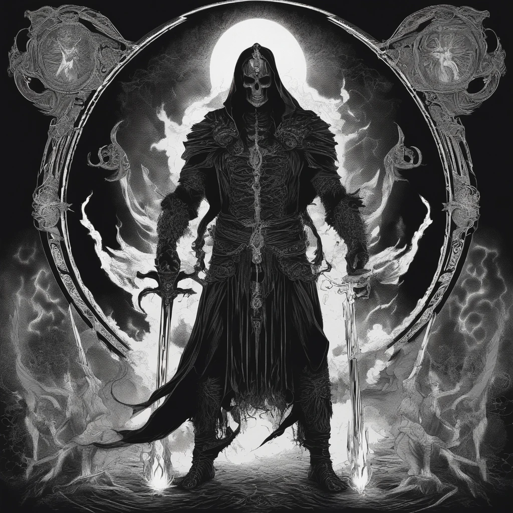 ((Hell God)), lucifer, black face, no face, ((re fire eyes)), holding glowing light sword, glowing text, against giant hell lord, ((circle light symbol)), behind head, dark fantasy art, ((death metal album cover)), smoke, ((fire)), lord of hell, ((diablo)), ((satanic)), ((lot hands))
