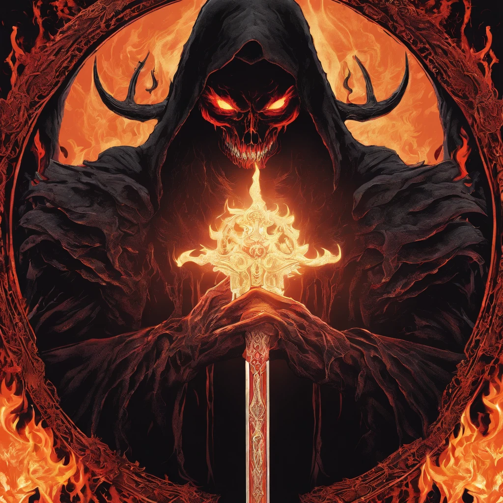 ((Hell God)), lucifer, black face, no face, ((re fire eyes)), holding glowing light sword, glowing text, against giant hell lord, ((circle light symbol)), behind head, dark fantasy art, ((death metal album cover)), smoke, ((fire)), lord of hell, ((diablo)), ((satanic)), ((lot hands))
