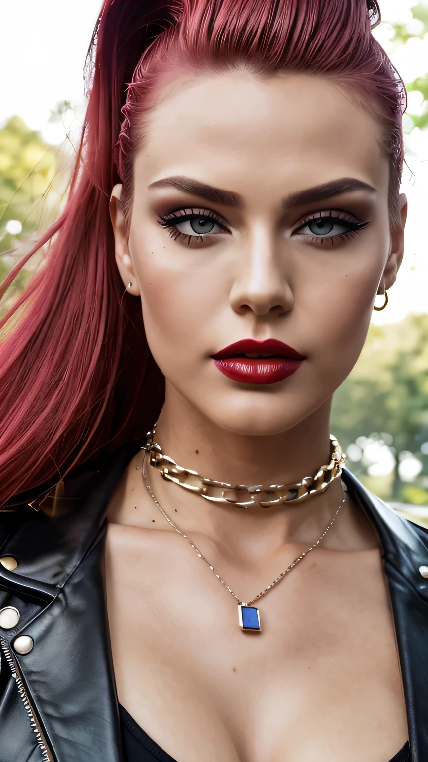 Red Makeup, Red lipstick, Slicked back blonde hair, Detailed face, Detailed lips, Fine grain,Model Girl, Professional:1.6, (最high quality, 4K, 8k, High resolution, masterpiece:1.2),Ultra-detailed, Realist, Punk Style, fashion punk, ((Upper body portrait)), Spiked clothing, Chain Accessories, Rebel pose, Mohawk Alto, Rainbow Hair, flashy, Nervous background, Studio Lighting, Dynamic pose and elegant、masterpiece, 最high quality, high quality, High resolution, (((Upper body portrait)))、Super big , In a park with lush green leaves ,