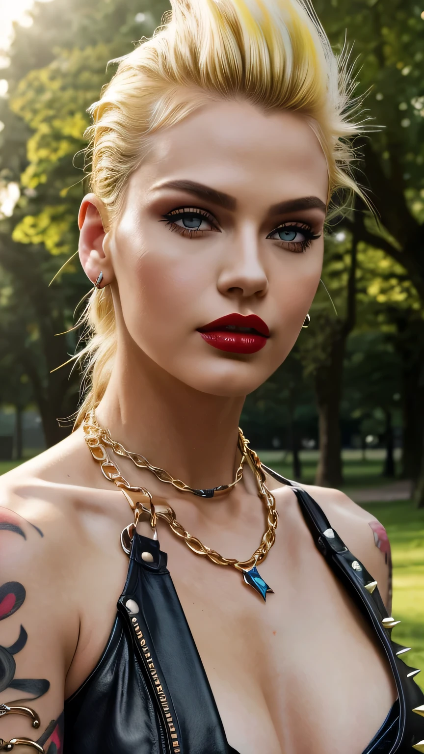 Red Makeup, Red lipstick, Slicked back blonde hair, Detailed face, Detailed lips, Fine grain,Model Girl, Professional:1.6, (最high quality, 4K, 8k, High resolution, masterpiece:1.2),Ultra-detailed, Realist, Punk Style, fashion punk, ((Upper body portrait)), Spiked clothing, Chain Accessories, Rebel pose, Mohawk Alto, Rainbow Hair, flashy, Nervous background, Studio Lighting, Dynamic pose and elegant､masterpiece, 最high quality, high quality, High resolution, (((Upper body portrait)))､Super big , In a park with lush green leaves , 