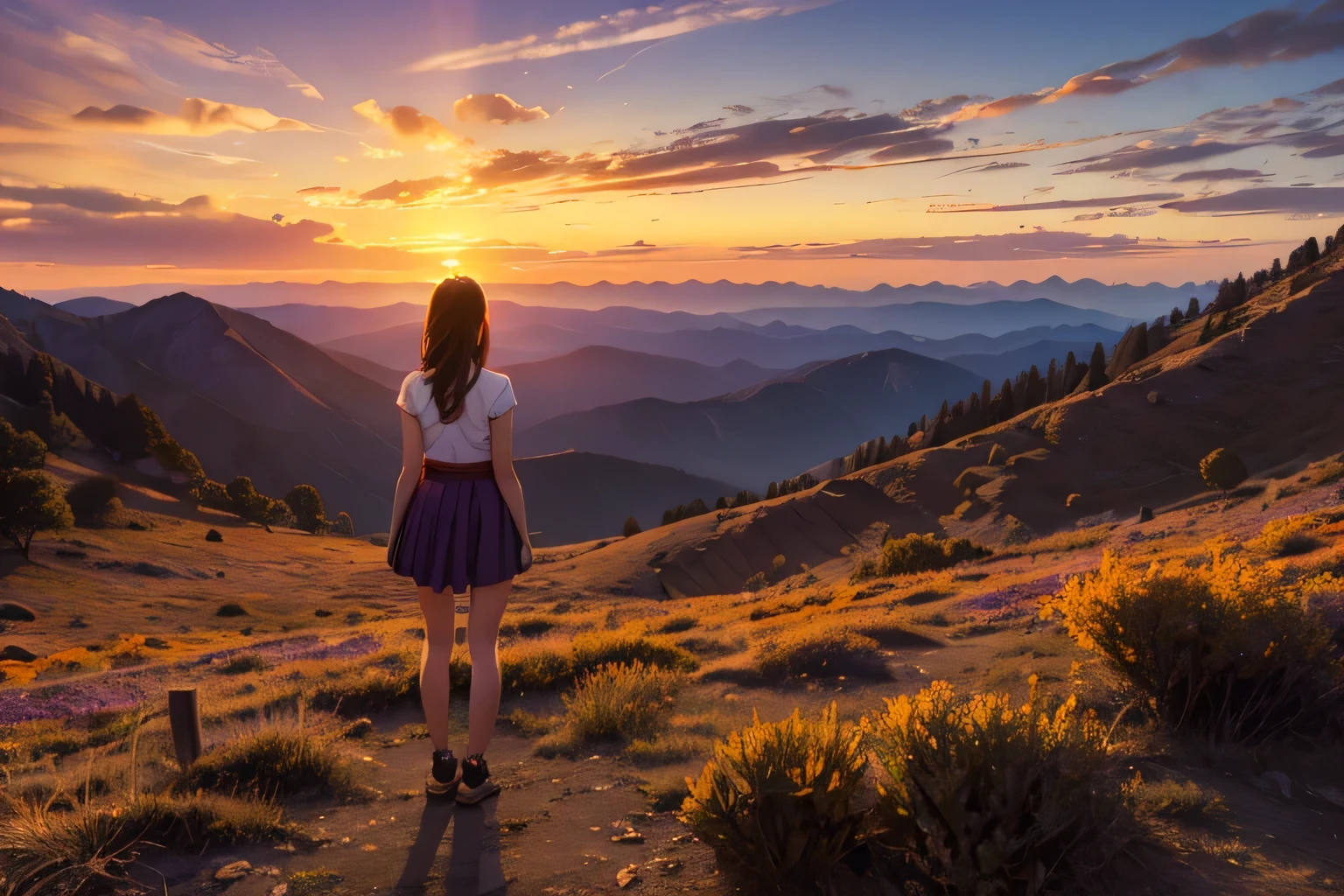 The back view of a girl wearing an orange skirt standing on the hill，Beautiful scenery in the mountains, Sunset with orange and purple clouds, Fascinating and magical