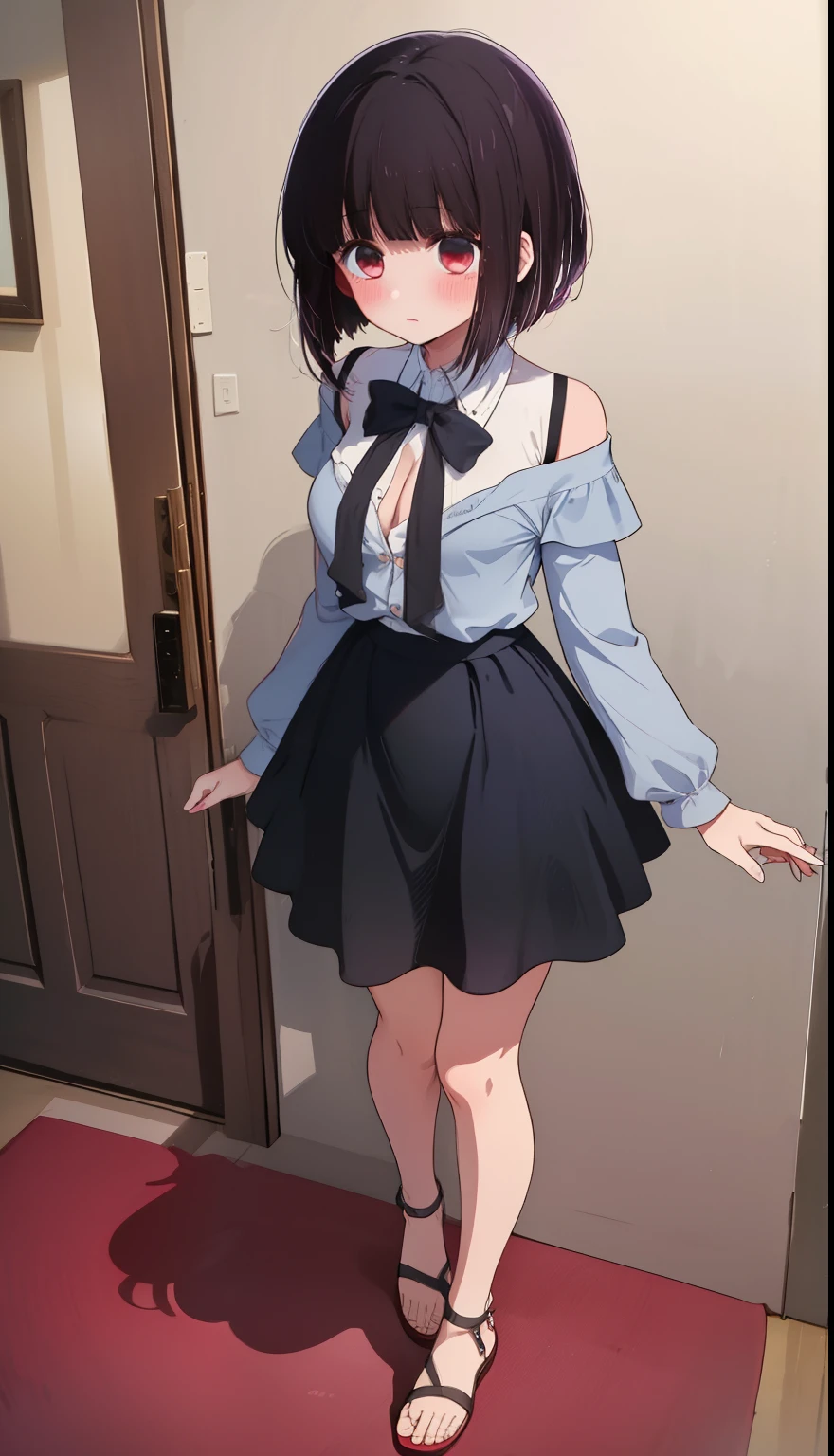 One Girl、positive、Standing posture、Full body portrait、Black Hair、Medium Haircut、blush、Absolute area、No panties、No bra、barefoot、Light blue dress、Off-the-shoulder dress、(Very large breasts)、Cleavage、((Lesbians around the world))、masterpiece、(highest quality)、、White heel sandals、Shirt buttons fly off、Unbutton your shirt、Exposing the breasts、